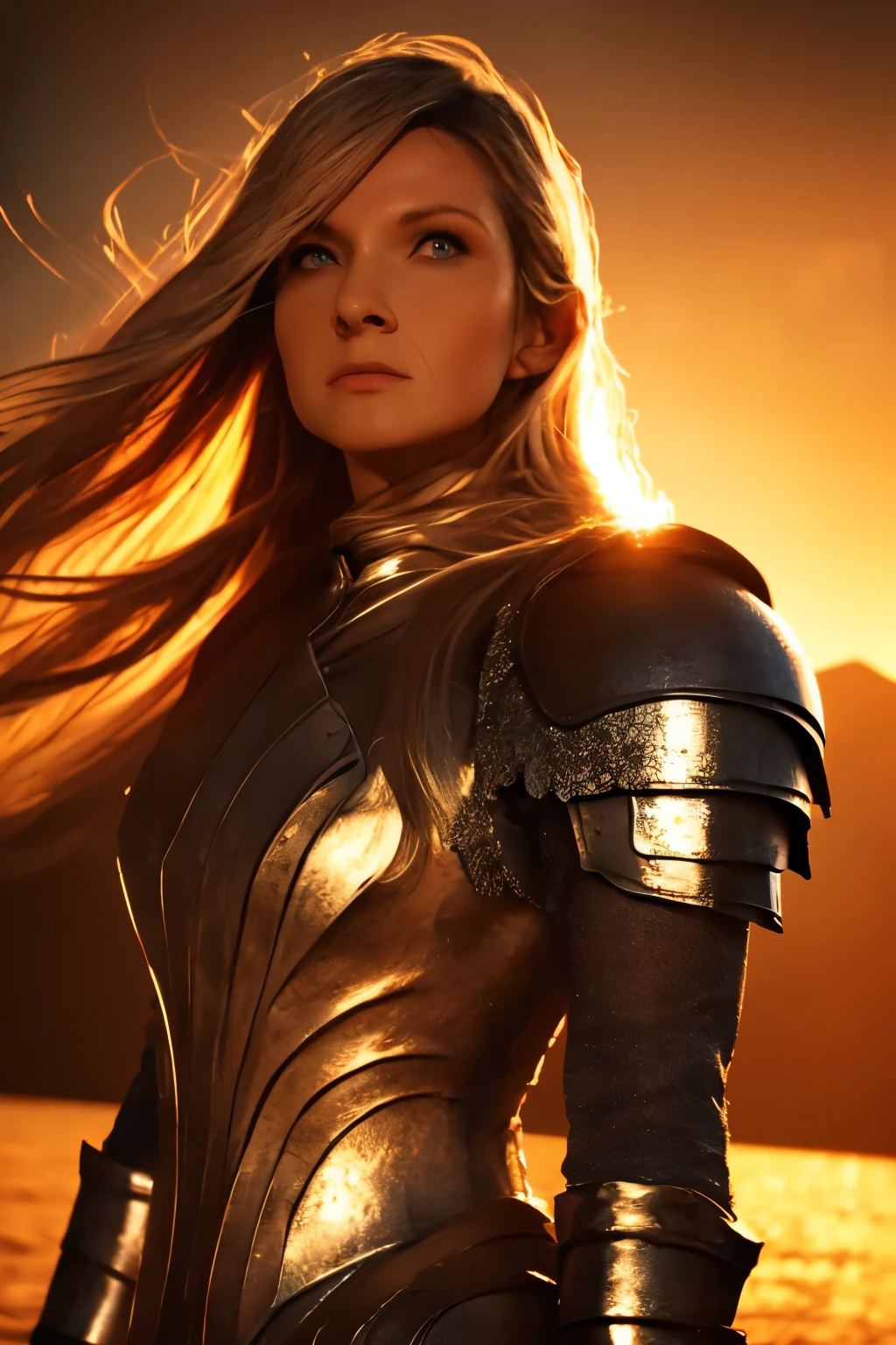 Galadriel, inspired by the series "The Rings of Power", (((L4L4 face))),  in a majestic pose at the center of the scene ,  wearing shimmering armor and elven details,  with its blond hair flowing under a golden light .  The background shows an epic landscape of golden Middle Earth ,  with distant mountains ,  dramatic sky and beams of heavenly light .  Determined expression and intense gaze ,  capturing your strength and wisdom .  Hyper-realistic details on the face and hands ,  metal texture of the highly detailed armor ,  skin illuminated with perfection ,  cinematic atmosphere , epic and glorious . natural light, 35mm photograph, film, professional, 4K, highly detailed, Golden hour lighting. Depth of field F2. Rule of Thirds Composition.
