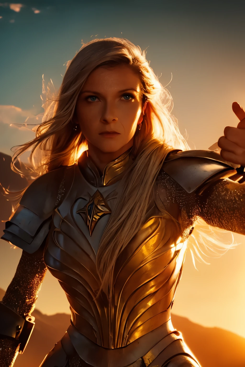 Galadriel, inspired by the series "The Rings of Power", (((L4L4 face))),  in a majestic pose at the center of the scene ,  wearing shimmering armor and elven details,  with its blond hair flowing under a golden light .  The background shows an epic landscape of golden Middle Earth ,  with distant mountains ,  dramatic sky and beams of heavenly light .  Determined expression and intense gaze ,  capturing your strength and wisdom .  Hyper-realistic details on the face and hands ,  metal texture of the highly detailed armor ,  skin illuminated with perfection ,  cinematic atmosphere , epic and glorious . natural light, 35mm photograph, film, professional, 4K, highly detailed, Golden hour lighting. Depth of field F2. Rule of Thirds Composition.
