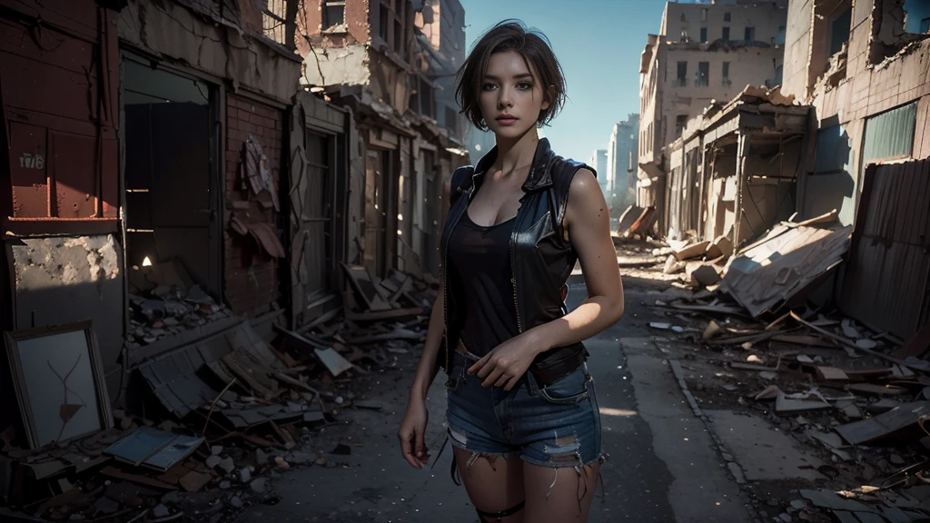 a confident woman posing with short, dark brown hair styled in a bob cut. She has light skin and striking blue eyes, with a determined expression on her face. She is wearing a form-fitting blue tank top, black skirt, and a white long-sleeve shirt tied around her waist. She has a black shoulder holster and is holding a handgun in her right hand. The background is a destroyed city, adding to the dramatic and intense atmosphere of the image. The artist's signature is visible near her left shoulder.