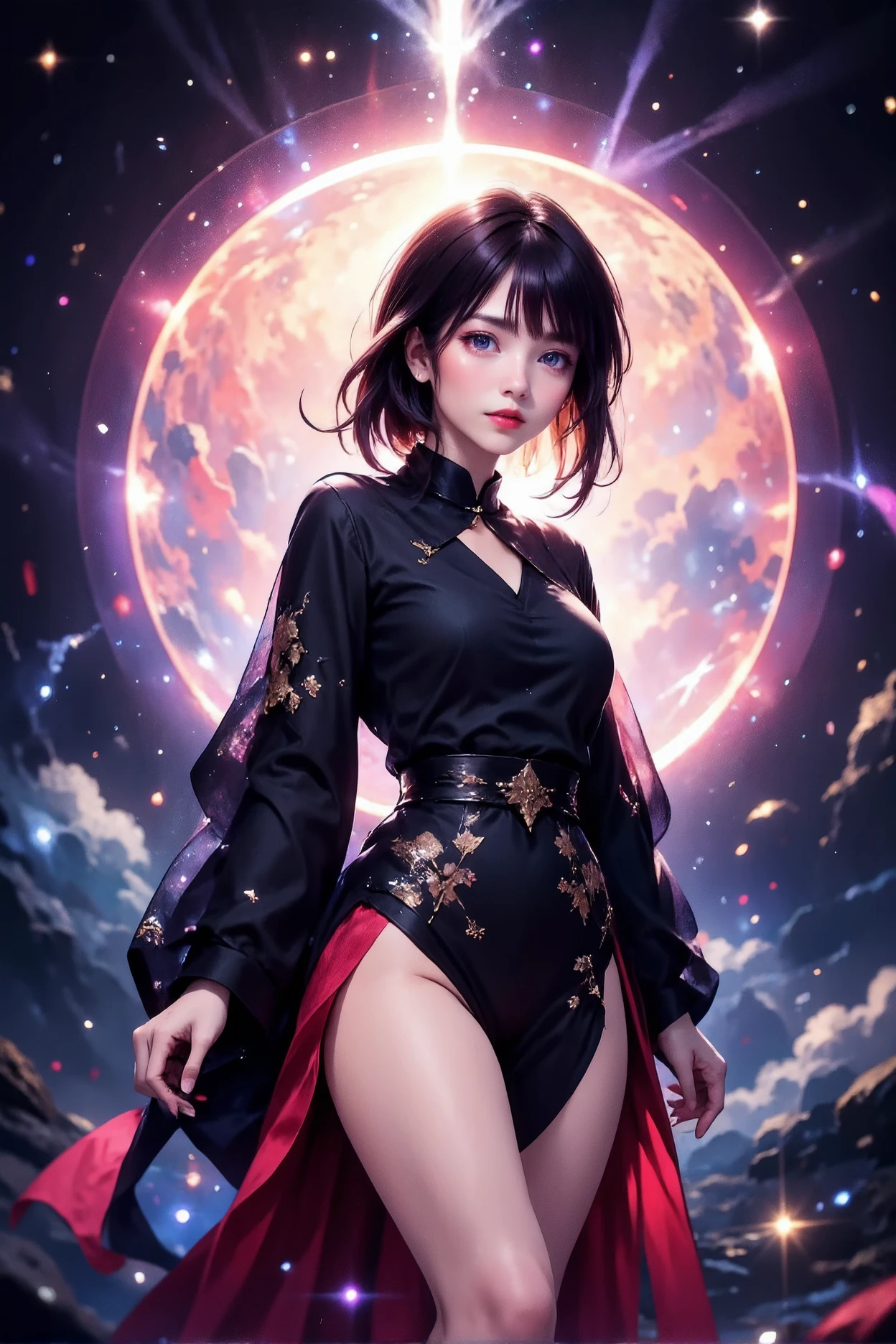 最Highest quality, Highest quality, 16K, Unbelievably absurd, Very detailed, 2.5D, delicate and dynamic, , formal, universe space, Night Sky, Crescent Moon, constellation, Gorgeous nebula, meteor, , Tarot Cards, Giant magic circle, A complex magic circle, Colorful magic circle, A colorful celestial globe, Small face, Very delicate facial expressions, Delicate eye depiction, Upper body close-up, erotic, One sexy woman, Cool woman, black long wavy hair, Healthy body shape, 25-year-old woman, Cool woman, Height: 170cm, huge bouncing busts, astrologer, Horoscope, Tarot Cards, Calm expression, A complex magician's outfit, Magician's outfit in chic colors, garter belt, Fishnet tights, Magician's Shoes, Fortune telling, Declare, Tarot Cardsを配る, Tarot Cardsをばらまく