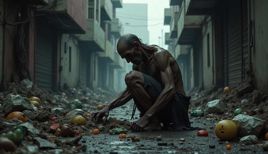 Abandoned hospital, man eating food for survival
