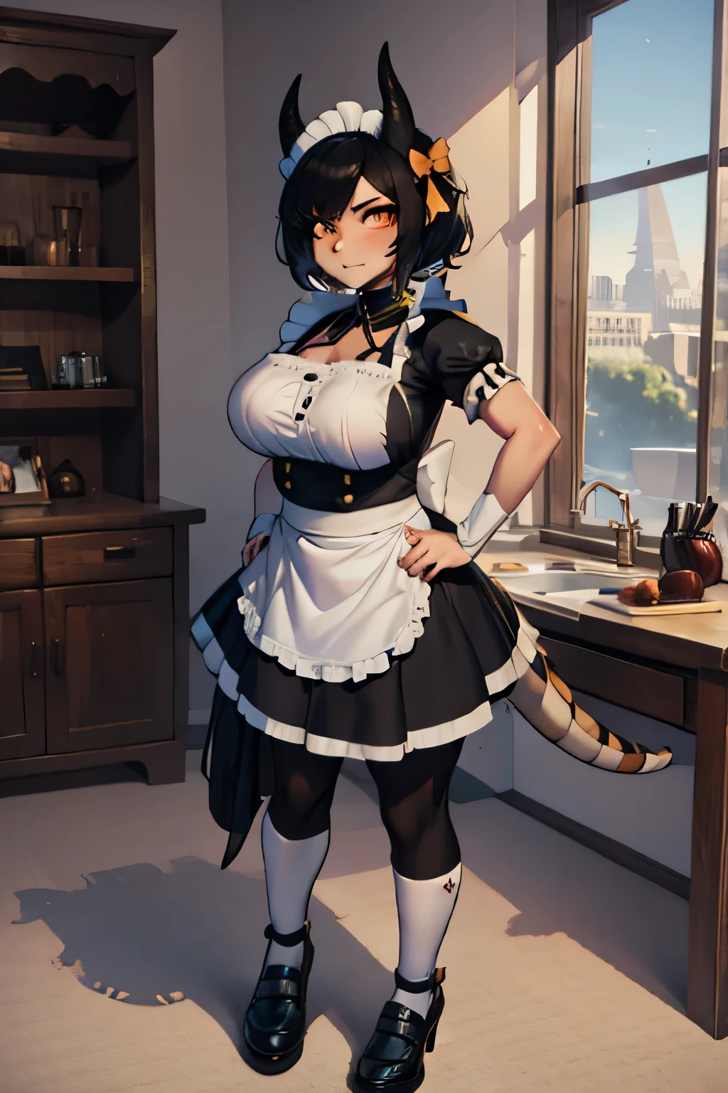 high detailed digital anime art, fine details. anime,8k, masterpiece, hi-resolution, best quality, hi-res, Top Quality, High Quality, High Resolution, woman,, kobold, egyptian style hair, room, black hair, orange eyes, medium breasts, big hips, horns, lizard tail, scales on body, thick thighs, short, tan, anime, hourglass figure, thick thighs, big hips, wide hips, medium breasts, maid outfit, maid uniform, , apron, black full stockings, sleeveless, full skirt, lizard tail
