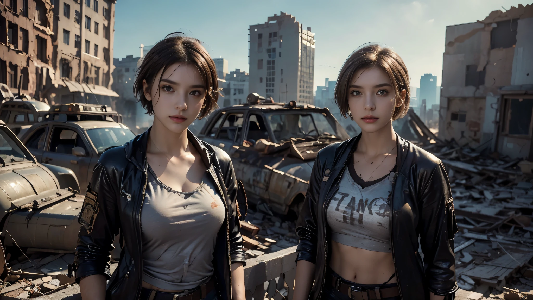 masterpiece, high resolution ,8K,(Portrait Photos:1.5),(R Original Photo),Reality,Digital Photography,(Apocalyptic ruins ),City ruins，beautiful 20 year old woman，Short hair，sentry， post-apocalyptic scene， upper body photography ， broken clothes