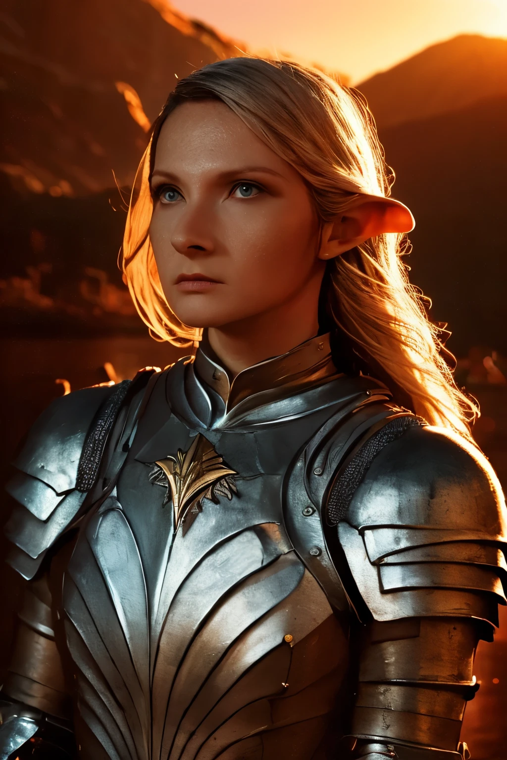 Galadriel, inspired by the series "The Rings of Power", (((L4L4 face))),  in a majestic pose at the center of the scene ,  wearing shimmering armor and elven details,  with its blond hair flowing under a golden light .  The background shows an epic landscape of golden Middle Earth ,  with distant mountains ,  dramatic sky and beams of heavenly light .  Determined expression and intense gaze ,  capturing your strength and wisdom .  Hyper-realistic details on the face and hands ,  metal texture of the highly detailed armor ,  skin illuminated with perfection ,  cinematic atmosphere , epic and glorious . natural light, 35mm photograph, film, professional, 4K, highly detailed, Golden hour lighting. Depth of field F2. Rule of Thirds Composition.
