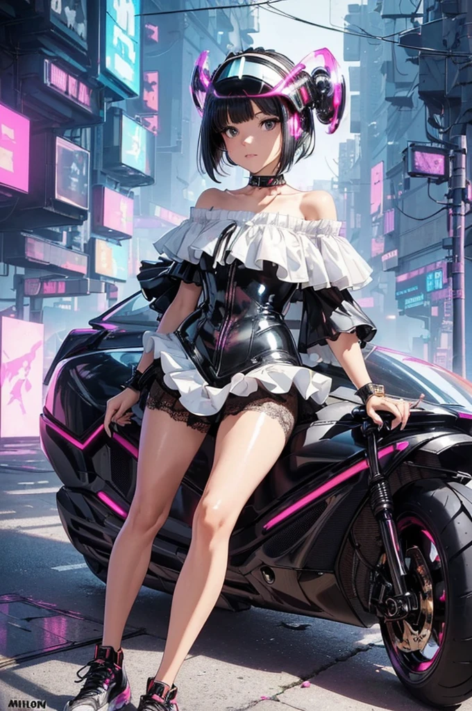 (nice,  elegant , luxury), (beautiful still life painting art),  super detailed, beautiful,   Masterpiece ,  best quality, 
( HOOD WITH Cyberpunk visor :1.8),
( Lace Off-Shoulder Lolita Fashion :1.6), ( perfect for skin :1.3), (Reflective Surfaces:1.4),( creating a super detailed and realistic image ＆ lace flared mini skirt :1.3),(Divide:1.4), ( fringe detail on the sleeve :1.2),
( smooth and shiny :1.4), 
( shiny latex tight :1.3),(((Very thin body))) , (((length, Thin legs))), (((short black bob , Thick and fluffy bangs ))), ((( very pretty face ))), No cosmetics, Small, thin nose,  Small Thin Lips , ((( Very Sharp and Focused Eyes))),  Glossy Latex and Rubber Theme ,  shining like a jewel , length eyelashes, (( Shiny Clear Latex Skeleton White Poncho ,  thigh length latex sneakers , Above the knee lace stockings,  Chrome Choker with Neon Accents , Overly decorative fashion)), Abandoned Night, Intricate mechanics, ((( thigh length latex sneakers , creating a  super detailed and realistic image))),  ultra-real photos.