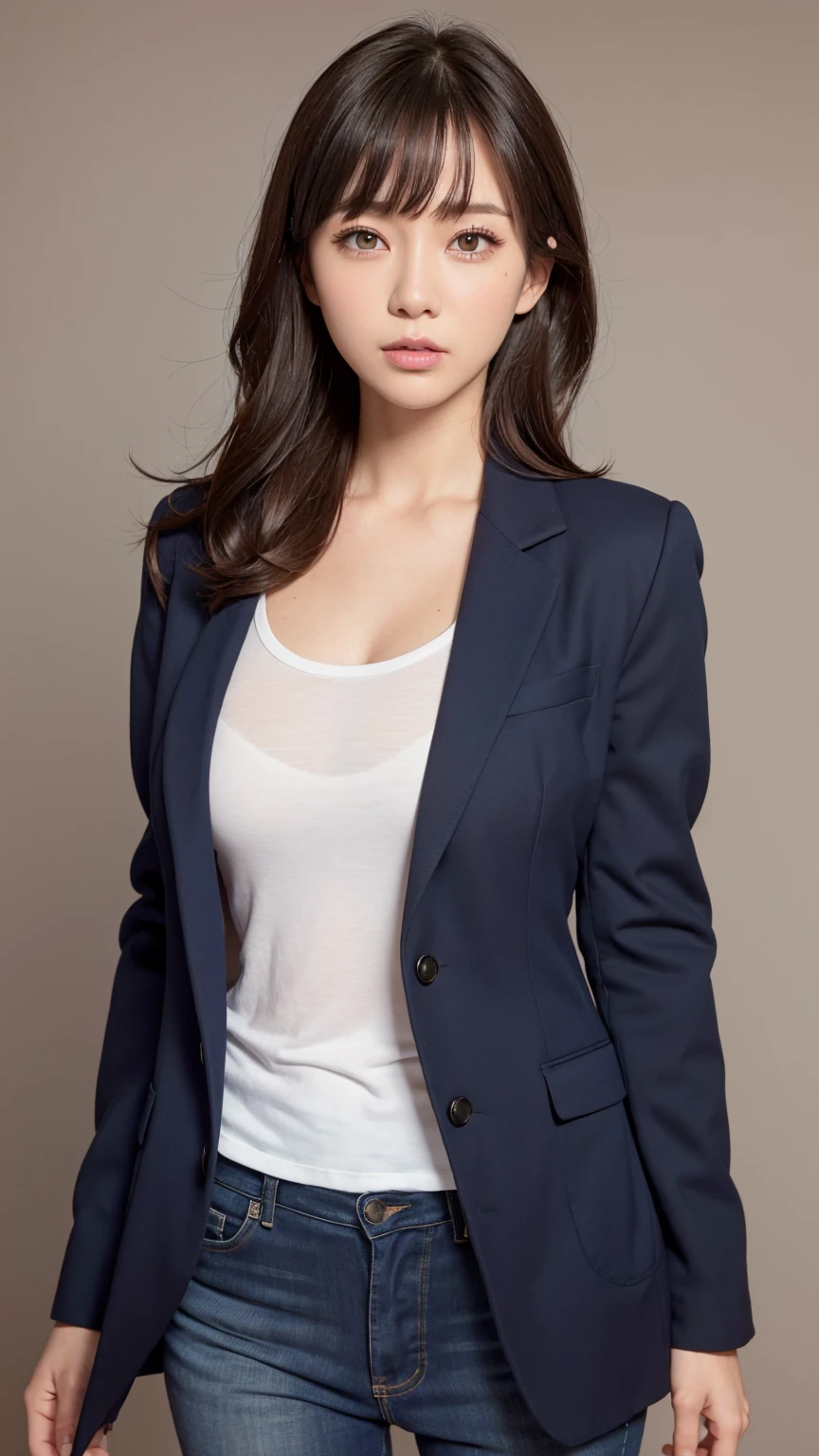 top-quality、masterpiece、超A high resolution、(Photorealsitic:1.4)、Raw photo、1girl in、Brown hair、blue eyess、Eyes and faces with detailed、black suits、动态照明、murky、deep-shadows、Cowboy Shot Full Length Body、Slimed、A slender、Model body type、small tits、a necklace、A bracelet、a necklace、Curly hair