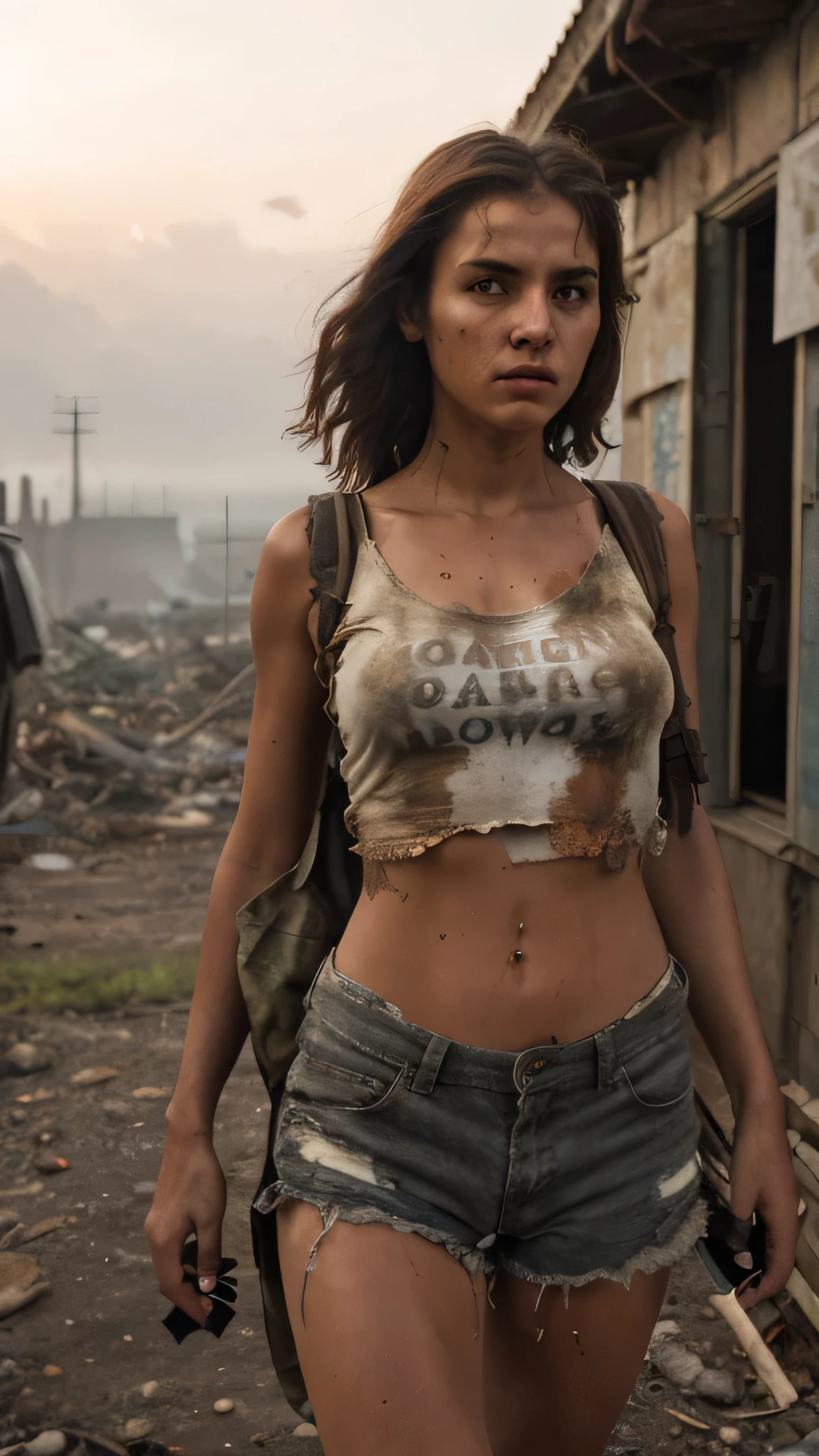 mulher 25 anos, cabelo longo, olhos azuis, com mochila grande cor verde, moletom cor marrom, Destroyed city with dense vegetation, Hyper-realistic cinematic lighting that super-details skin texture , survival, destruction, 8k, Ultra HD | | | | | | |, (Post-apoc, Post-apoc_character)