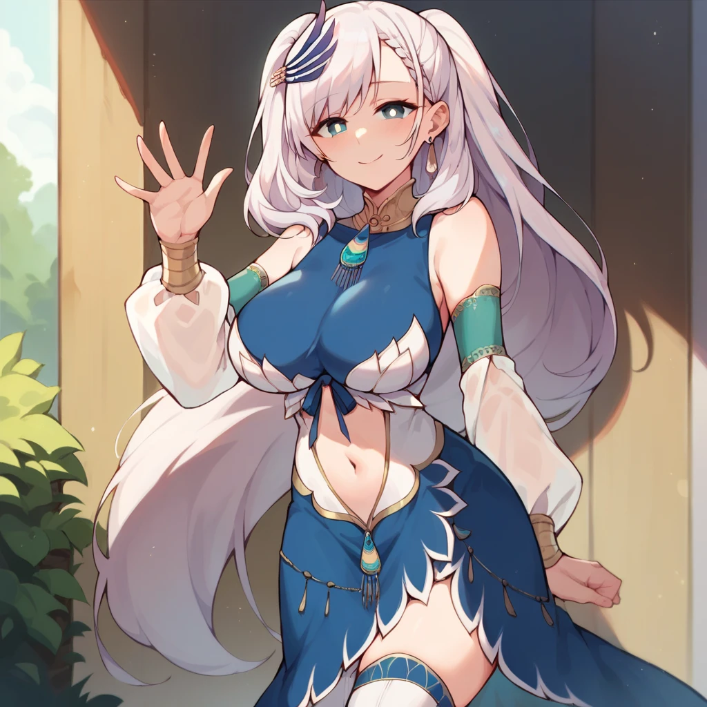 score_9, score_8_up, score_7_up, 1girl, solo, ReineBase, bright pupils, long hair, side ponytail, feather hair ornament, earrings, blue dress, navel cutout, detached sleeves, white thighhighs, waving at viewer, smile, :d, large breasts, outdoors, 