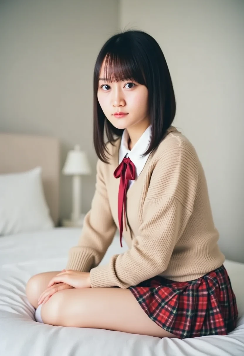 (((8k、 there is nothing、 best quality、 there is nothing)))Alone、 Natural figure 、  white skin、    natural makeup、  black hair、bangs、  straight hair 、、((High School Uniform)) 、((  Beige Cardigan  、  white collar long sleeve blouse  ))、((  red plaid pleated skirt ))、(Red school ribbon),((The upper body is wearing a uniform))、(((((   staring at the viewer   )))))、((( portrait from head to shin)))、(((  thigh)))、 bedroom、  bed、  sitting with legs open 、(( focus on the crotch))、  have white socks 