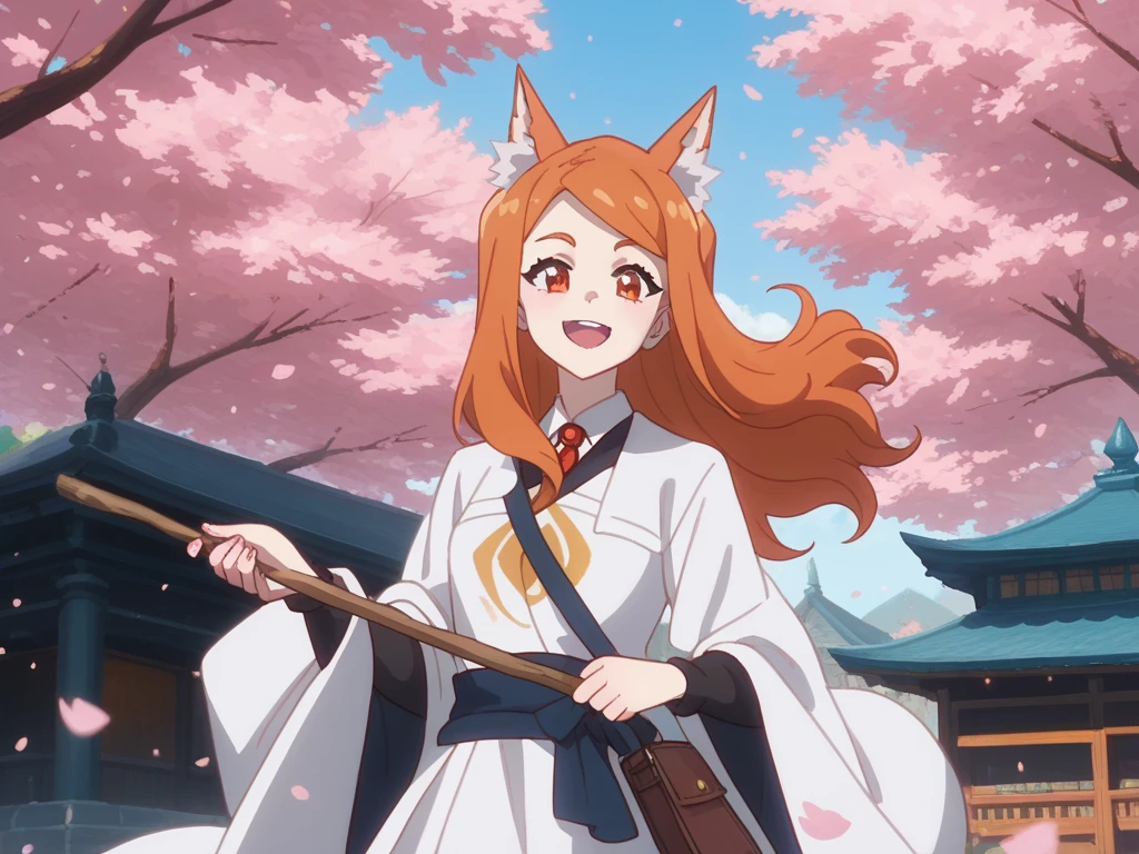  A female kitsune, wearing a white dress, wearing  a long pink elegant witch's tunic above all with school uniform style. a kind smile. with orange hair and golden glitter eyes. holding a thin wooden stick in her hand, from which blue sparks come out. Standing in front of an old Japanese castle with a school aesthetic with several cherry blossom trees around it, which give a beautiful and peaceful atmosphere. Soft anime style. Harry Potter style 