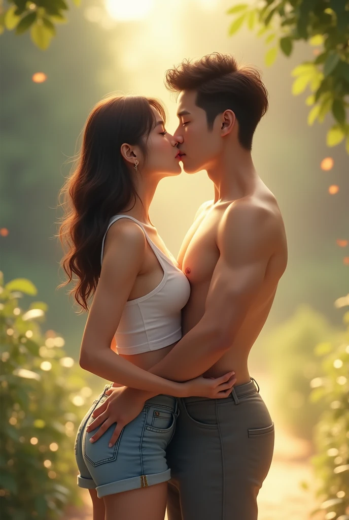 highest quality、8K、best image quality、professional lighting、Beautiful woman、thin eyebrows。precision wool、beautiful and delicate skin、no makeup、thin、pretty girl、fiery idol pose、white skin、big and full breasts、very short hair、Exquisite appearance、wearing white bra、I'm wearing white panties、Muscular handsome man with short hair、Loving couple、man lying on the grass in the park、Woman riding man、woman attacking man、Couple of men and women hugging each other、Cowgirl、detailed background、Full body Esbian