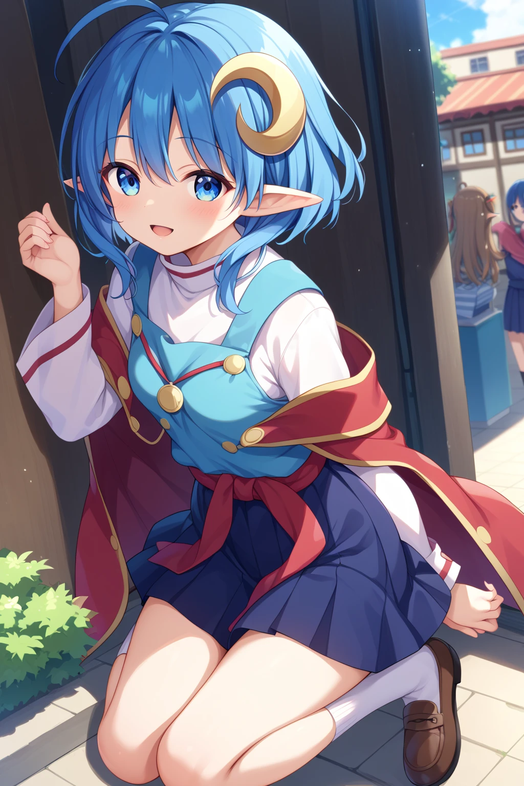 rena lanford, 1girl, ahoge, blue hair, short hair, blue eyes, pointy ears
crescent hair ornament, red cape, blue vest, red ribbon, waist ribbon, blue skirt, miniskirt, shoes、loli、1girl、solo、public indecency、bare breasts、オフショルダー、シャツを開ける