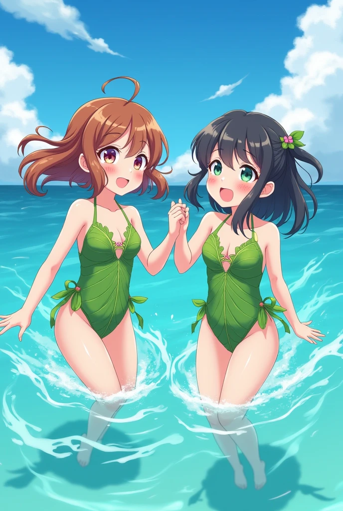 (top-quality、in 8K、32K、masterpiece、nffsw、超A high resolution、Impresionismo、Photorealsitic:1.2)、Full body, sand beach、beauitful face、blurry backround、18 year old beautiful girl、shinny skin、beautiful orange hair、Green eyes、Bikini swimwear、raise arms、beach balls、Curve、Dynamic Poses、Smile with open mouth、Two girls、