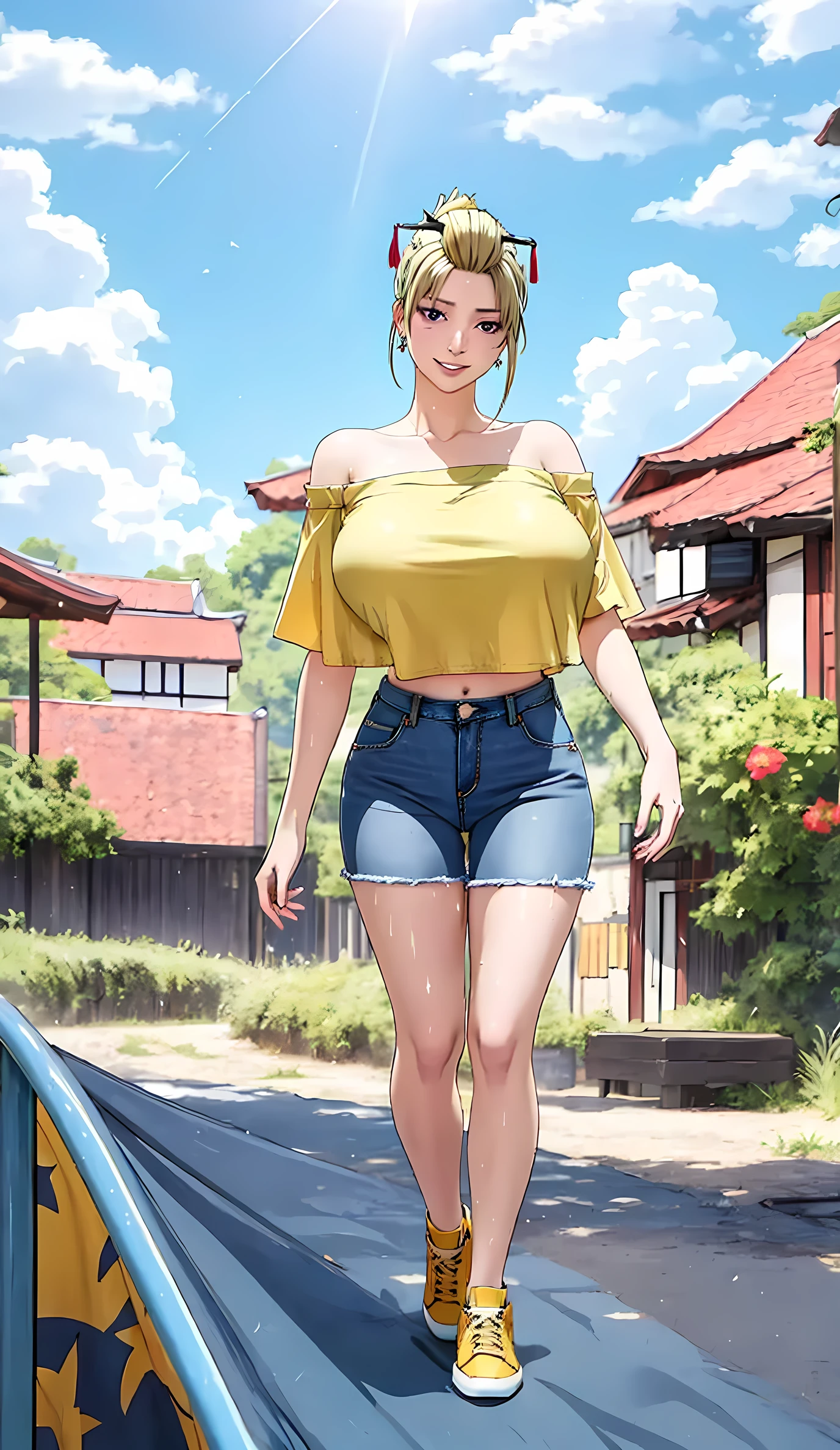 ((((masterpiece, best quality, high resolution)))), Extremely detailed 8K, tsukuyo from gintama, Beautiful girl with voluptuous body, (Ultra HD, Ultra-detailed, Highly detailed, Highly realistic, Ultra-realistic, photograph realistic), (1girl:1.5), (Realistic blonde hair), (long wavy ponytail hair, earrings), (dynamic poses), facing at camera, looking at viewer, (blushing red, embarrassed, smile), (purple eyes, sharp eyes), (huge perky breasts:1.2), (beautiful detailed face, beautiful detailed eyes), yellow Off Shoulder Tops Ruffled Crop Top, ((blue denim short)) yellow sneakers, (detail pussy), (standing up), sweat, glow, (sunbeam, sunlight), ((cowboy shot)), seductive, tall, beautiful delicate legs, accurate human anatomy, feminine body, full body, at a tropical beach town background 