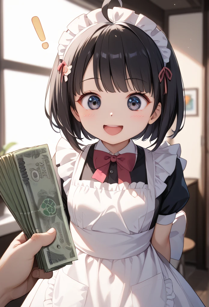 Inside the coffee shop、black maid dress、 Maid Apron 、 laughing, white headdress、 anime style,  high definition ,  textured skin,  Close Your Eyes 、smile、 out of your belly button、 1 girl ,  big eyes、 Shortcut,  black hair, Ahoge, NSFW、 1 fat middle-aged man 、Hands with money 、surprise, Exclamation mark