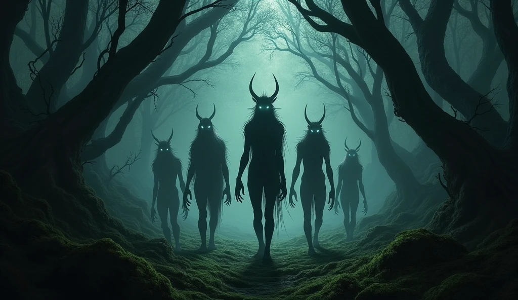 A naked and lonely man standing with his back turned in a dense forest covered in fog, The man is performing a satanic ritual with pentagrams and satanic symbols with demonic shapes visible in the mist behind him. atmosphere of fear and horror.