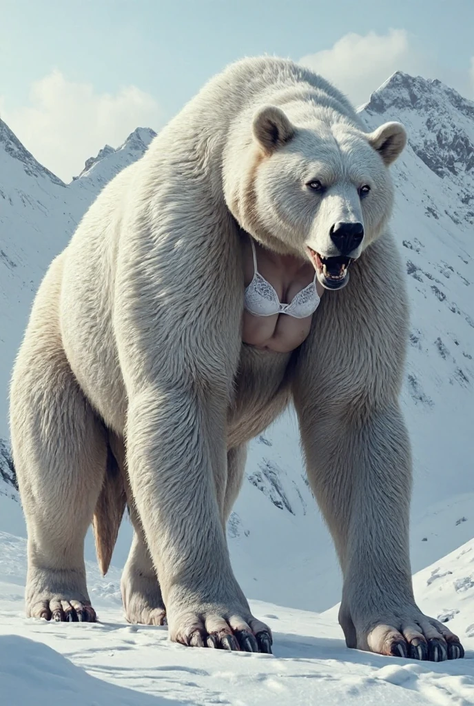Large massive giant wampa monster carries topless horny aroused beautiful pink thong teen girl in his arms embrace sitting on his lap cuddling