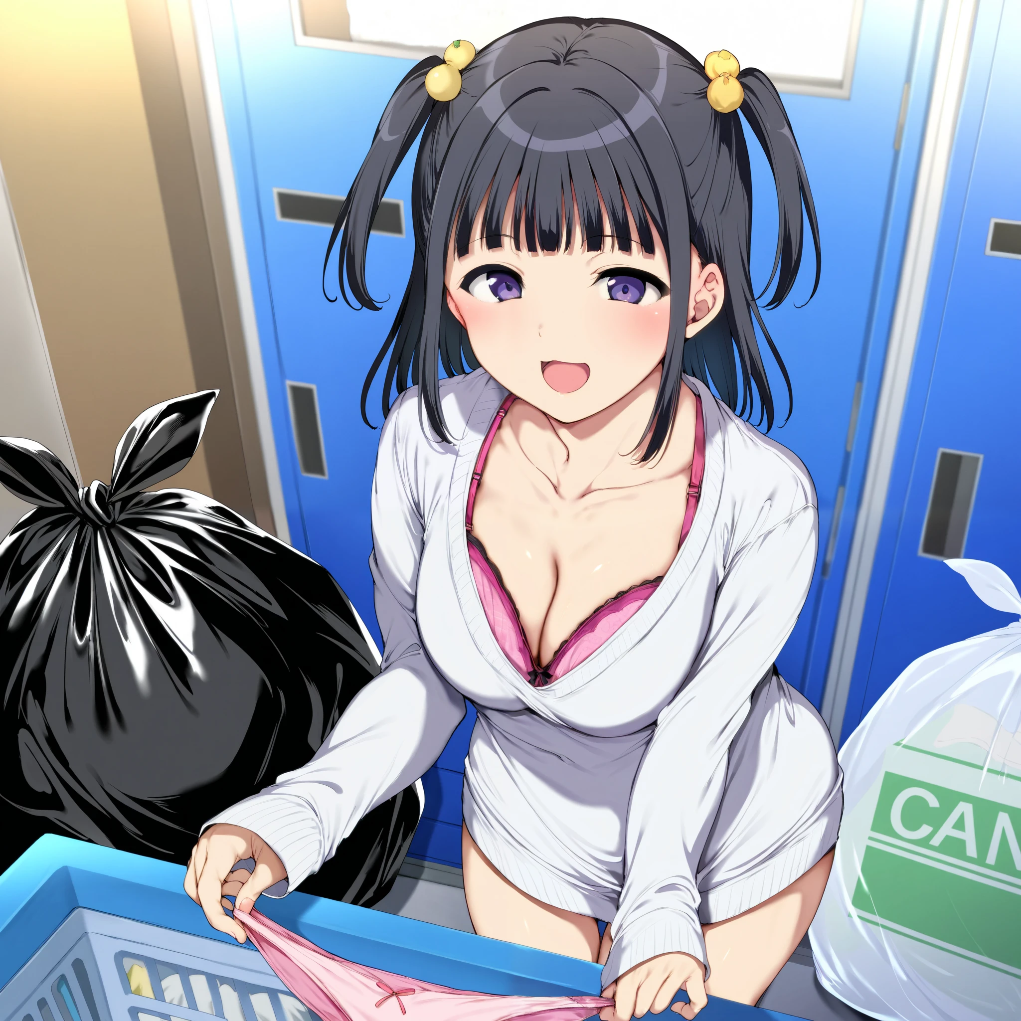 score_9, score_8_up, score_7_up,panties and bras are into sheer-trash-bag/},alp,
,1girl, holding panties, blunt bangs, black hair,\(two side up\), BREAK, ,white sweater,collarbone, cleavage, sweater dress, long sleeves, sleeves past wrists
,{{{she is putting bra in trash bag}}}, translucent-trash-bag, 

,smile, open mouth, look down at viewer}, masterpiece,absurderes, beautiful detailed face

indoors,  laundry room,  laundry bascket, i can see that inside of trash bags,focus on trash bag,BREAK, skirt,BREAK,focus on trash bag,(big trash-bag), (((Translucent-trash-bag))),focus on translucent-trash-bag,laundry room, ,lots of underwesrs are in laundry dustbox,BREAK,