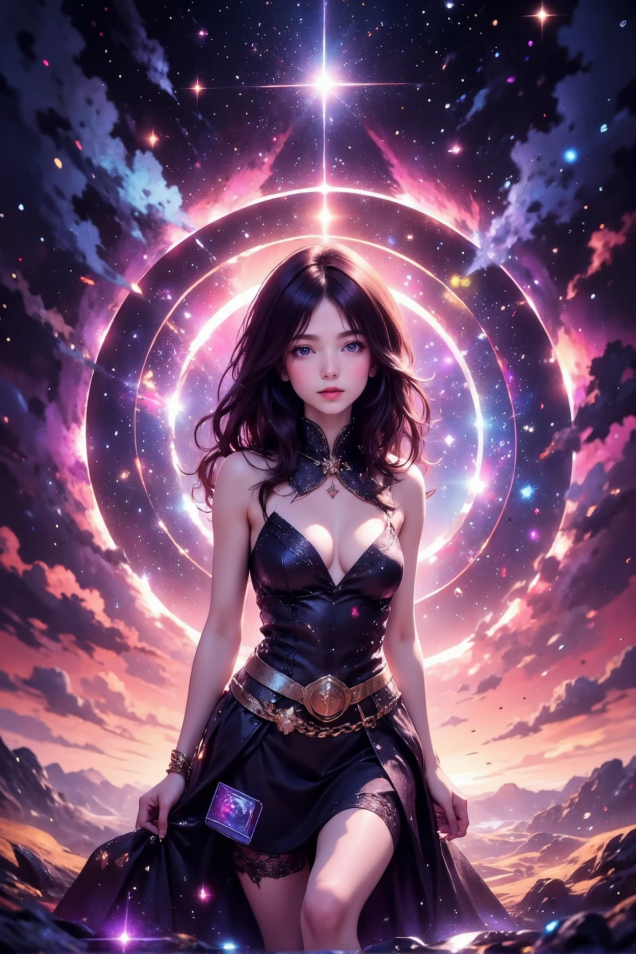 最Highest quality, Highest quality, 16K, Unbelievably absurd, Very detailed, 2.5D, delicate and dynamic, , formal, universe space, Night Sky, Crescent Moon, constellation, Gorgeous nebula, meteor, , Tarot Cards, Giant magic circle, A complex magic circle, Colorful magic circle, A colorful celestial globe, Small face, Very delicate facial expressions, Delicate eye depiction, Upper body close-up, erotic, One sexy woman, Cool woman, black long wavy hair, Healthy body shape, 25-year-old woman, Cool woman, Height: 170cm,(beautiful and small bouncing firm ample breasts, deep cleavage:1.5) and a huge waist, hard nipples,, astrologer, Horoscope, Tarot Cards, Calm expression, A complex magician's outfit, Magician's outfit in chic colors, garter belt, Fishnet tights, Magician's Shoes, Fortune telling, Declare, Tarot Cardsを配る, Tarot Cardsをばらまく
