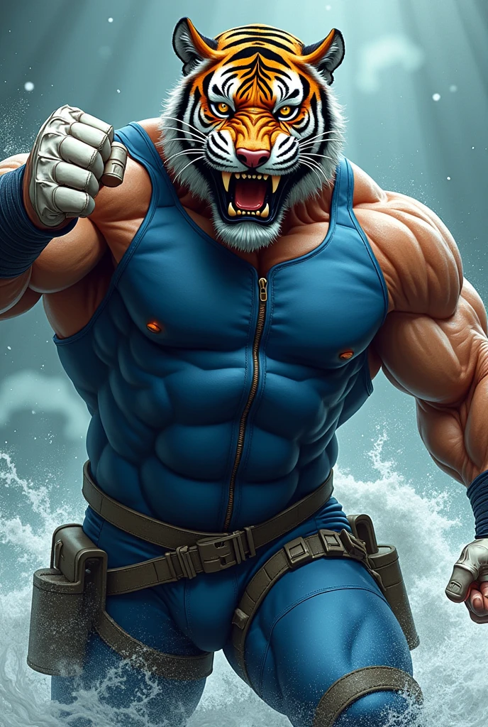 (A rugged beefy very muscular bulky old man), (wearing blue zipper wetsuit), (wearing realistic roaring tiger mask), punching,  wearing bulky scuba gear, muscular physique, toned muscles, fierce, heroic, action, comic artstyle, bulky best quality, wearing white combat gloves. wearing gun holster on left thighs, dynamic action pose, fierce expression, showcasing an imposing stature, powerful, best quality image, action-packed atmosphere, masterpiece.