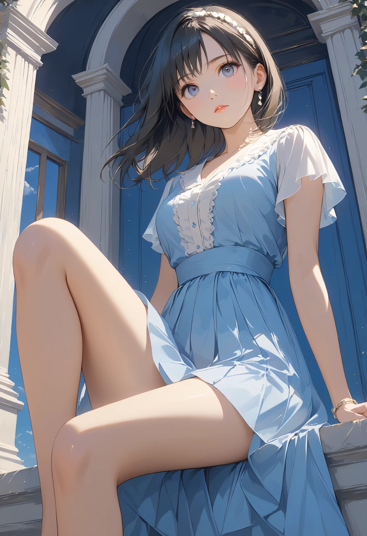 Masterpiece, high quality, high resolution, 16K, ultra detailed background, ultra realistic, digital painting, Makoto Shinkai illustration, movie Roman Holiday, one woman, long eyelashes, beautiful skin, clean legs, cinematic angles