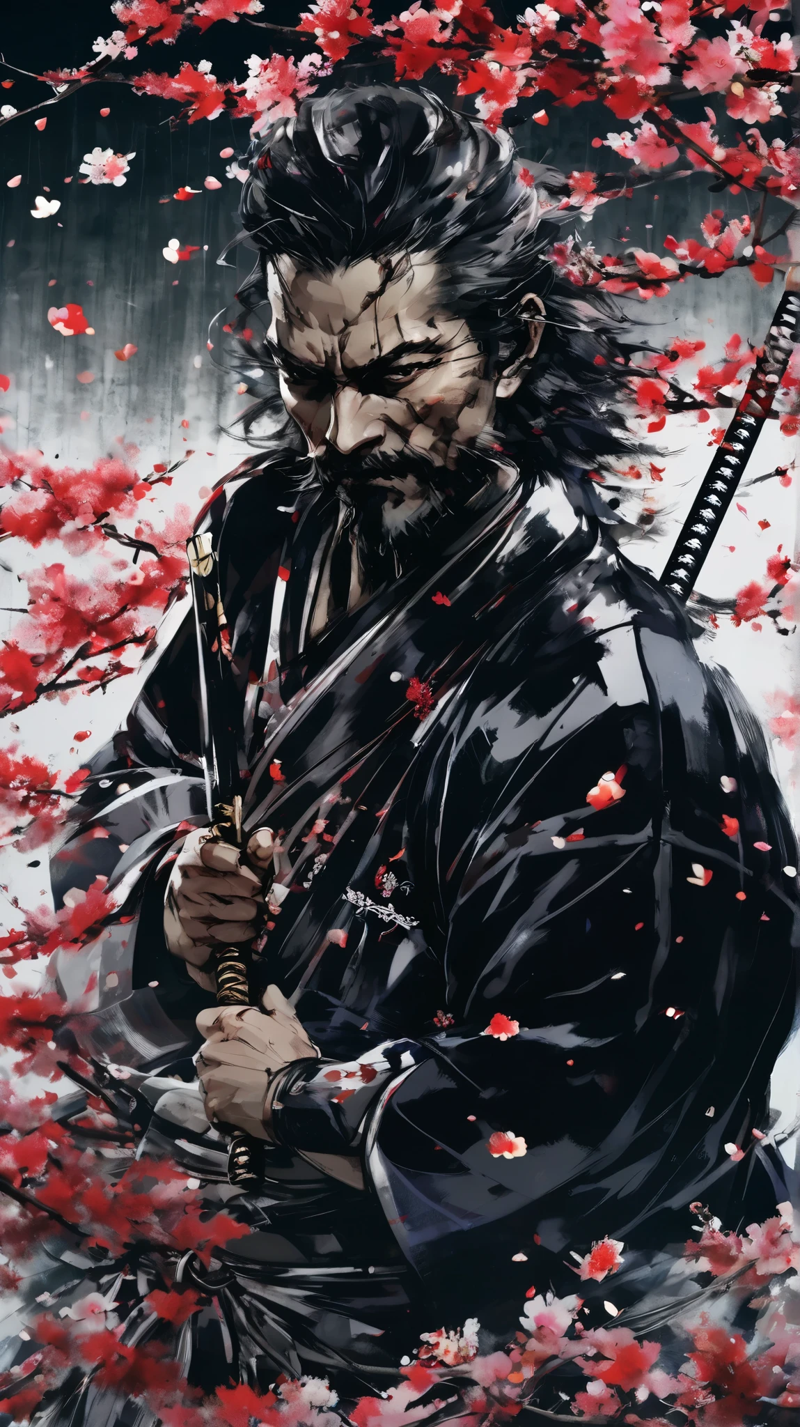 score_9, score_8_up, score_7_up, man with black jinbei, unsheathing a katana in front of his face, sakura petals flying around, serious face, Black eyes, Dark Background, Mystical Light Falls on samurai, intricate details, Epic picture, Epic scene, dramatic lighting, high budget, bokeh, cinemascope, moody, epic, gorgeous, film grain, grainy, masterpiece, best quality, yoji shinkawa