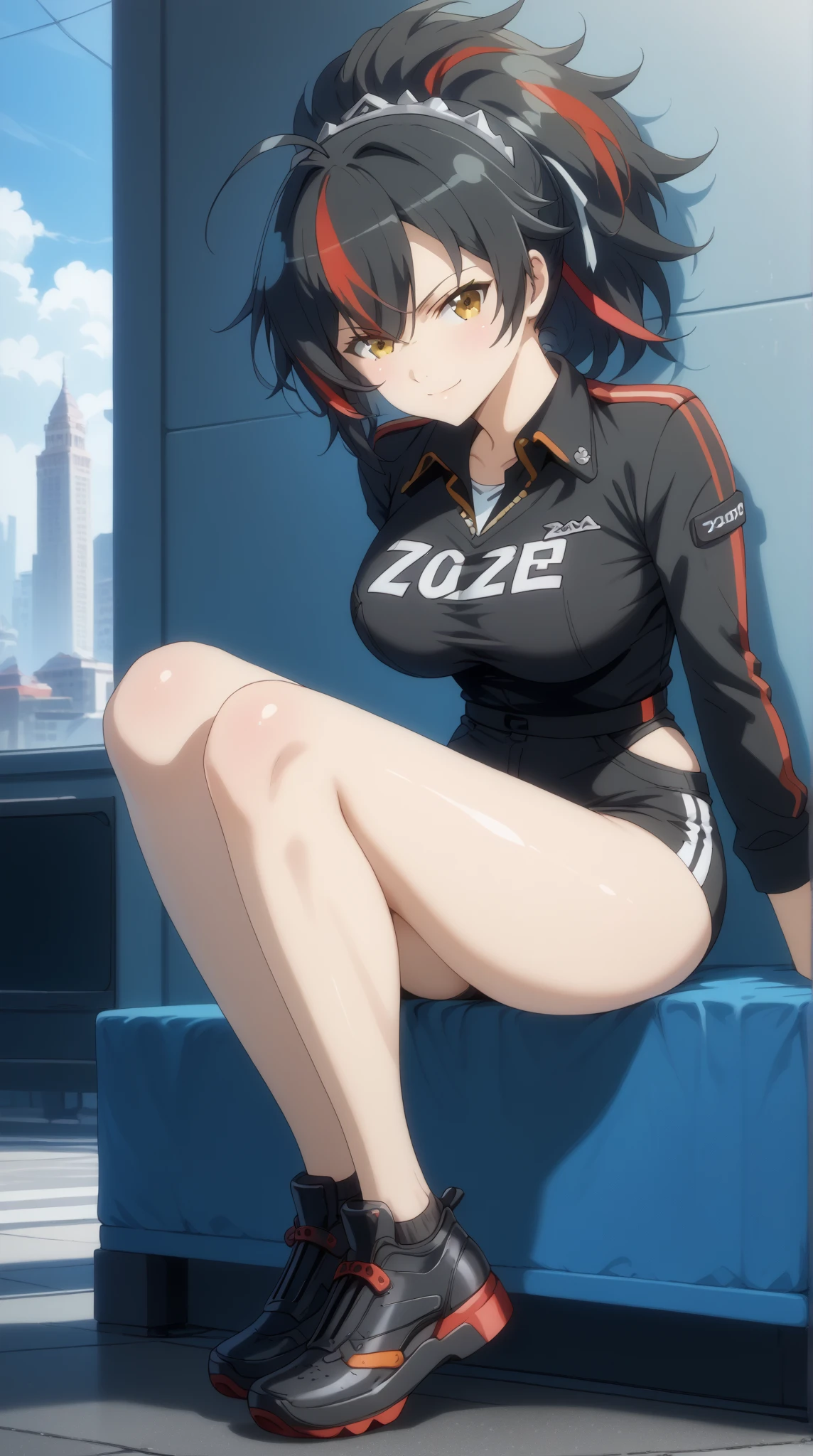 ((best quality)), masterpiece,full-body,stand up,nsfw,Zhu Yuan from Zenless Zone Zero, with ponytail hair featuring black hair, STREAKED HAIR AT THE MIDDLE HAIR. Perfect body ,large breasts, looking at viewer,smile,tsundere, White tshirt, arms behind back, showcasing long, enticing legs, cowboy shoot,front look