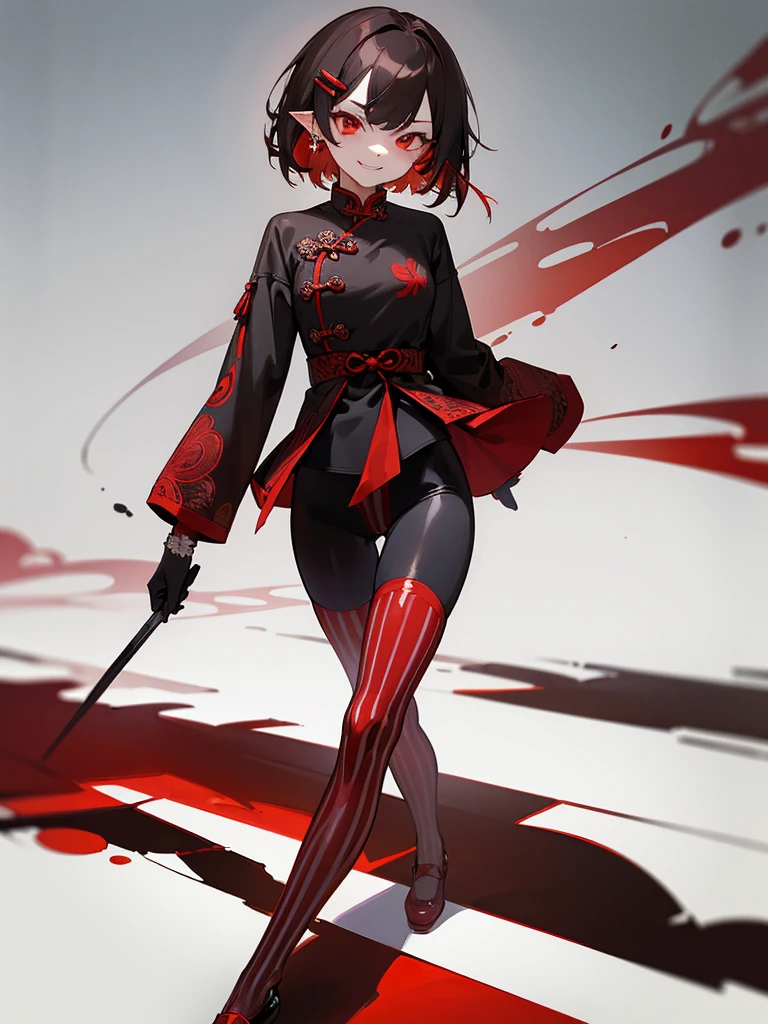 (masterpiece, sidelighting, finely detailed red eyes: 1.2), ((best quality)), ((masterpiece)), (highly detailed:1.3), anime, young girl, ish body, open coat with long sleeves, black tight-fitting bodysuit, (cheongsam), black and red gloves, pale skin, (shadowed eyes, darkened eyes), (smirk, mischevious grin), pointy ears, (short-medium hair, brown hair, messy haircut, hair between eyes, hairclips on left side), ((red stripped tights with black patterns)), (jiangshi shoes), earrings, red tatto on left hand, hands behind back, scar on left hip, solo, 1girl, walking down the street,