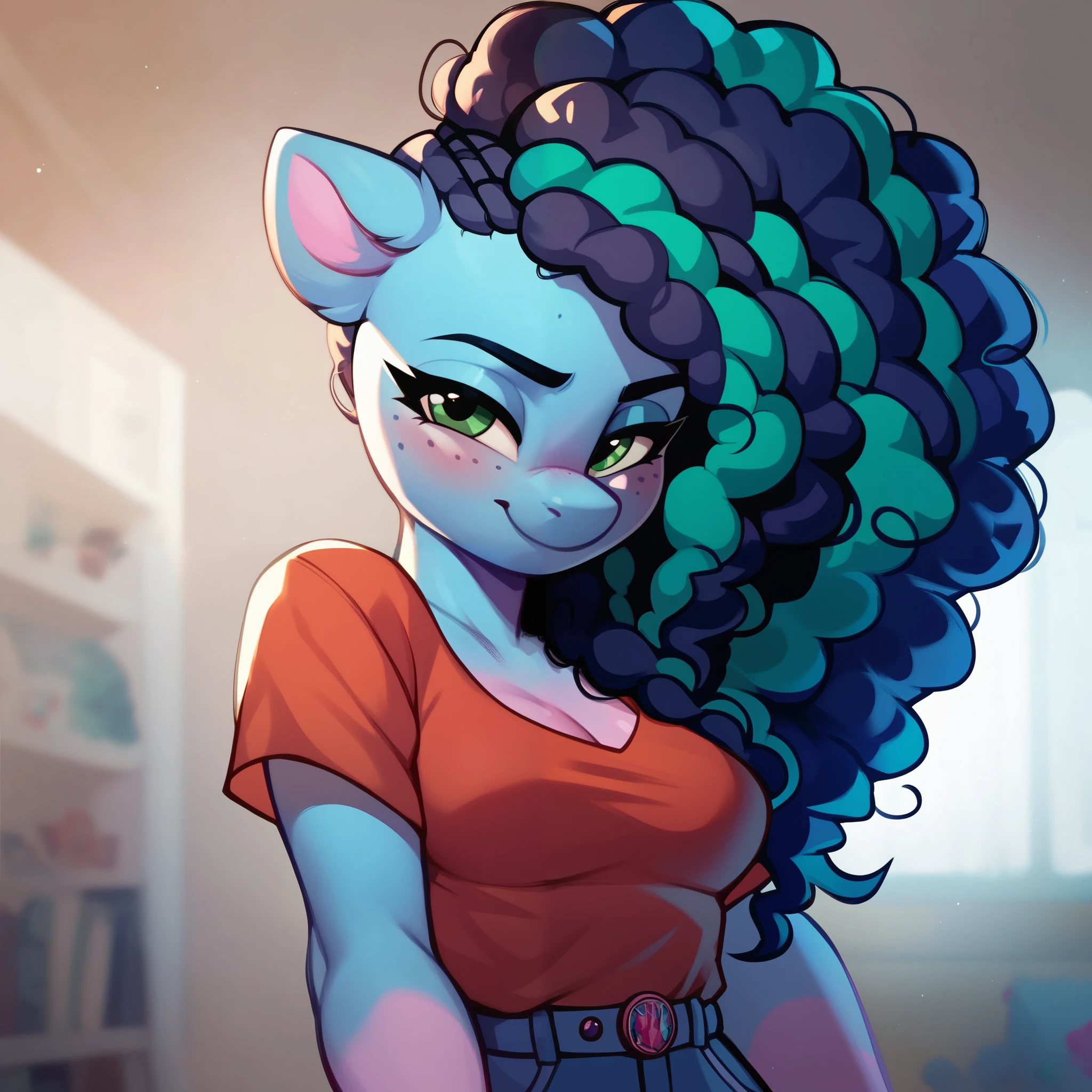 misty brightdawn, mlp, G5, medium breasts, anthro, casual clothes, seductive eyes, blushed