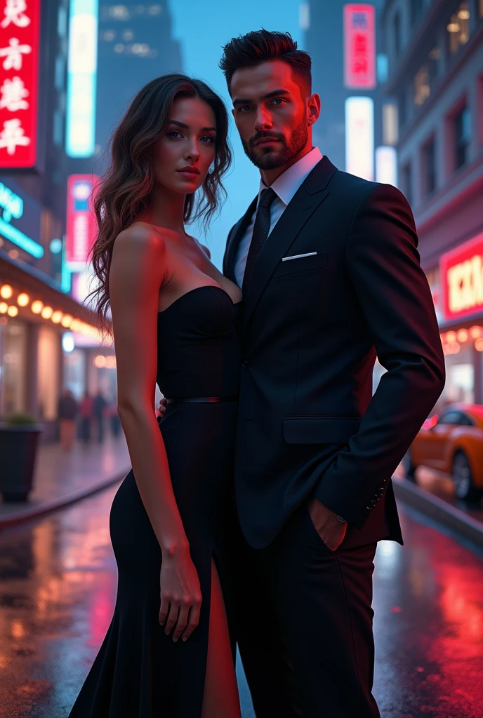 create a movie poster a close up of a woman in a dress standing next to a young man in a suit, mafia background hyper detailed, mafia, mafia, official, action film, hannibal, action thriller,