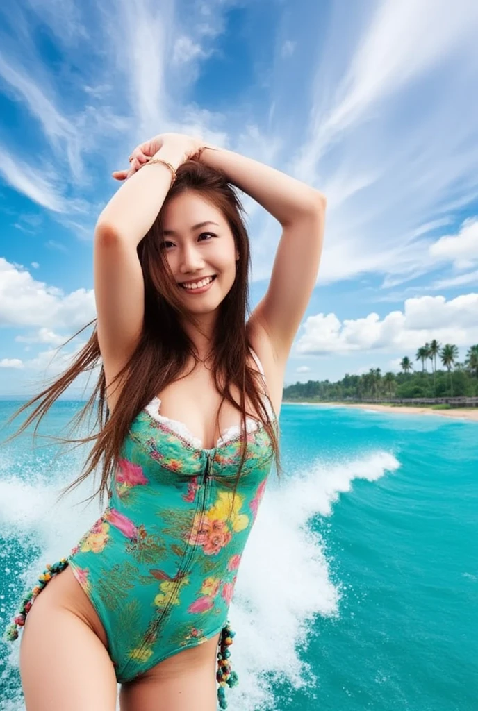 A woman wearing a swimsuit is having fun surfing