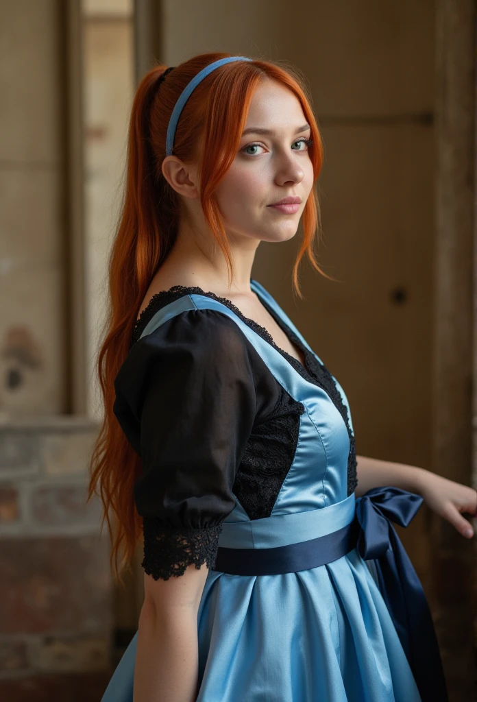 1girl. Humanized Daisy Duck as a hot Gibson Girl nympho, seducing a horny 69yo gentleman. 1890s fashion. Victorian high-collar turquoise dress with long sleeves cuffed into wrist-high white silk gloves. Sheer peek-a-boo top. 1890_dr3ss, elegant picture hat. (((Strawberry blonde hair))). Large bosom, 9-inch wasp waist, big booty. Thicc thot. Slutty demeanor. Sexy pose. Porcelain skin. Full body. Reddish blonde hair. Big blue eyes. Dimple cheeks. Big, coquettish smile. Full lips