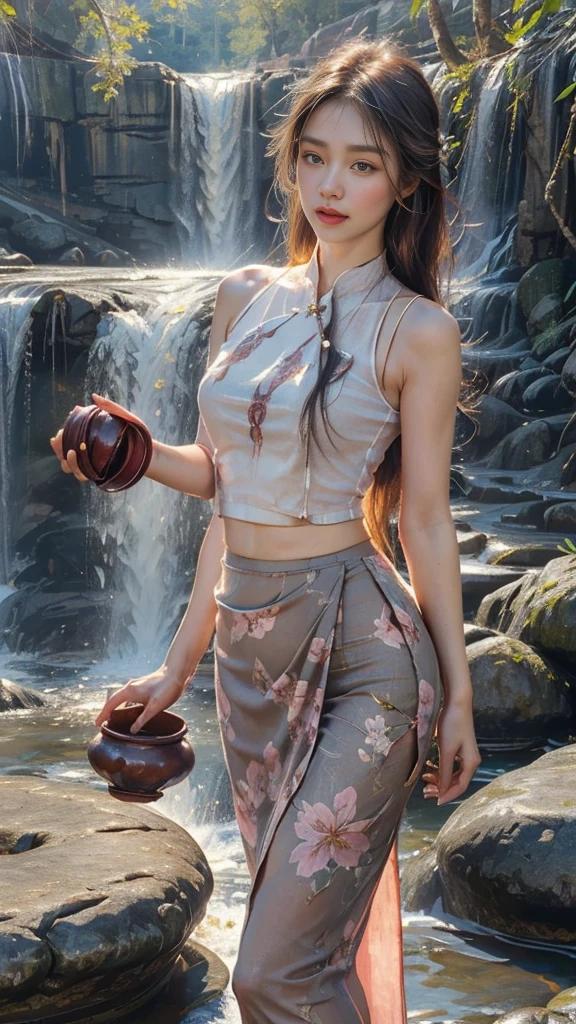 8k, masterpiece, 1 girl, beautiful face, ((very long hair)), glossy makeup, closed mouth, (glossy skin:1.5), detailed eyes, detailed lips, push up breasts, black short sleeveless shirt, ultra light vest, ((thin floral Myanmar long skirt)), ((floral skirt)), ((bare thigh)), straps clothing, (waterfall:1.5), water:1.4, steam effect, water vapor, One hand ((holding with Clay water carrying Pot)), adult pose,half body pose 