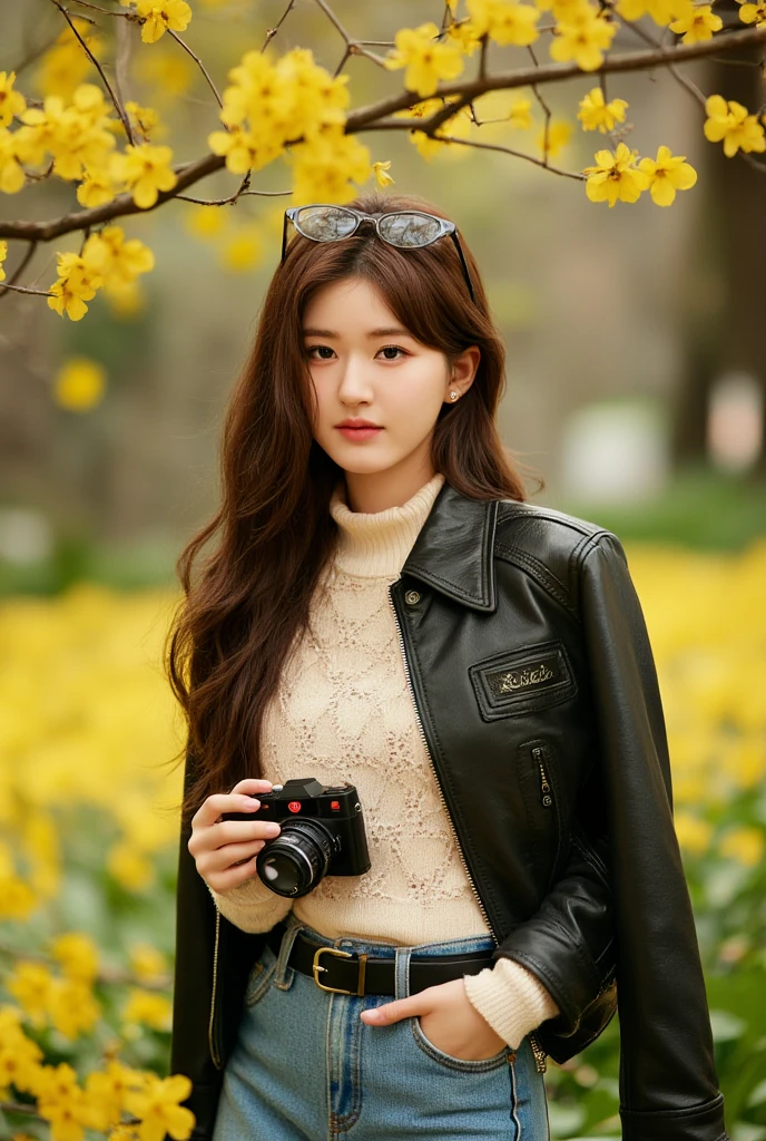 A young woman stands beneath a tree in a vibrant yellow flower field, exuding effortless cool in a stylish black leather jacket over a light knitted sweater, her long, dark hair flowing freely. She holds a Leica camera, sunglasses perched on her head, gazing directly at the camera with a soft, confident expression. Warm, natural light illuminates her face, accentuating the intricate lace details of her sweater, while the subtle bokeh of the 90mm portrait lens blurs the flowers, emphasizing her relaxed, casual street style in an everyday setting.