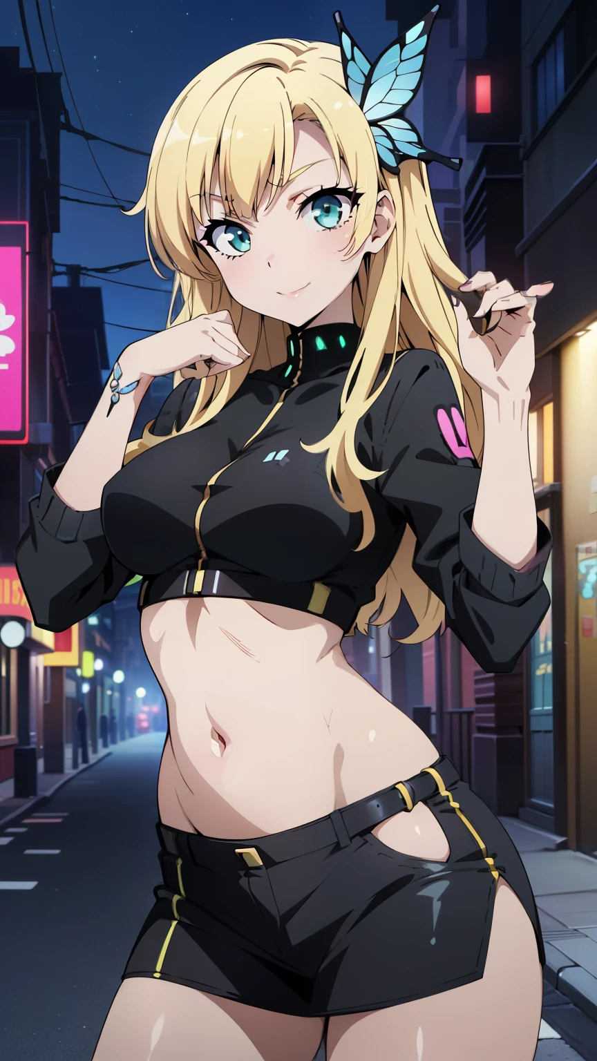 (masterpiece, best quality, high resolution, 8k:1.2), (anime coloring:1.2), 1girl, high resolution, unity 8k wallpaper, (beautiful detailed eyes:1.2), extremely detailed face, perfect lighting, extremely detailed CG, beautiful eyes, perfect eyes, detailed eyes, distinctive big highlights, symmetrical eyes, (mature face:1.1), blonde hair, long hair, bangs, green eyes, slim, (medium breasts:1.2), smile, (large butterfly hair clip:1.2),
(cowboy shot:1.2), (sexy pose:1.2), (perfect hands, perfect anatomy), solo, dutch angle, looking at viewer, nffsw, ((cyber style girl:1.2), belly button, street corner, town, night),