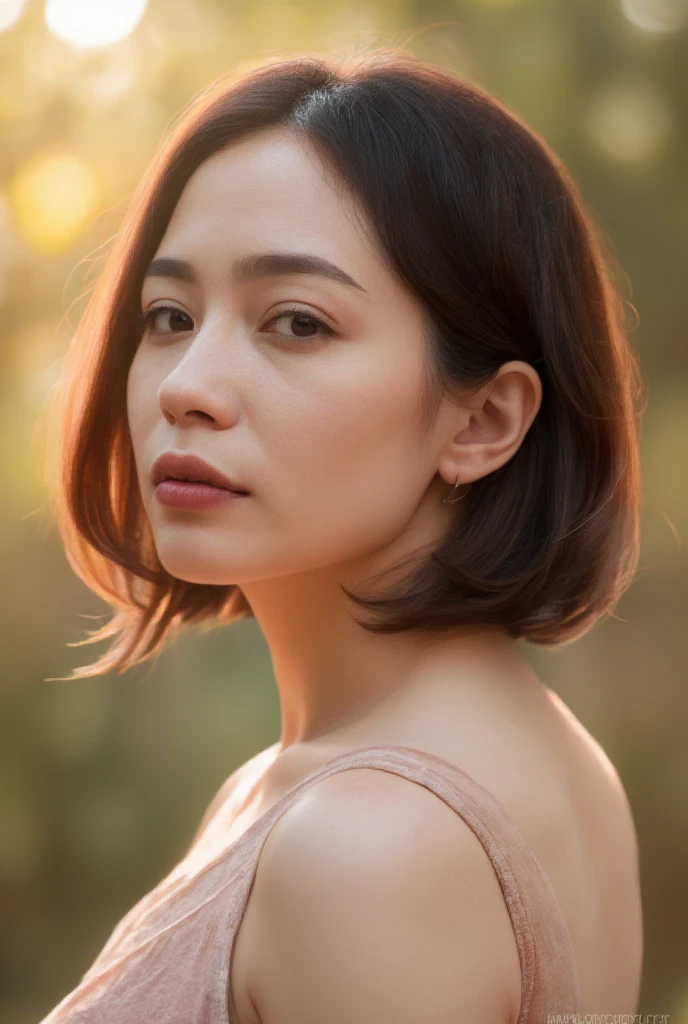 a lady with short hair is in natural sunlight., in the style of eye-catching resin jewelry, tokina at-x 11-16mm f/2.8 pro dx ii, light beige and orange, yigal ozeri, edogawa ranpo, dotted, pensive stillness