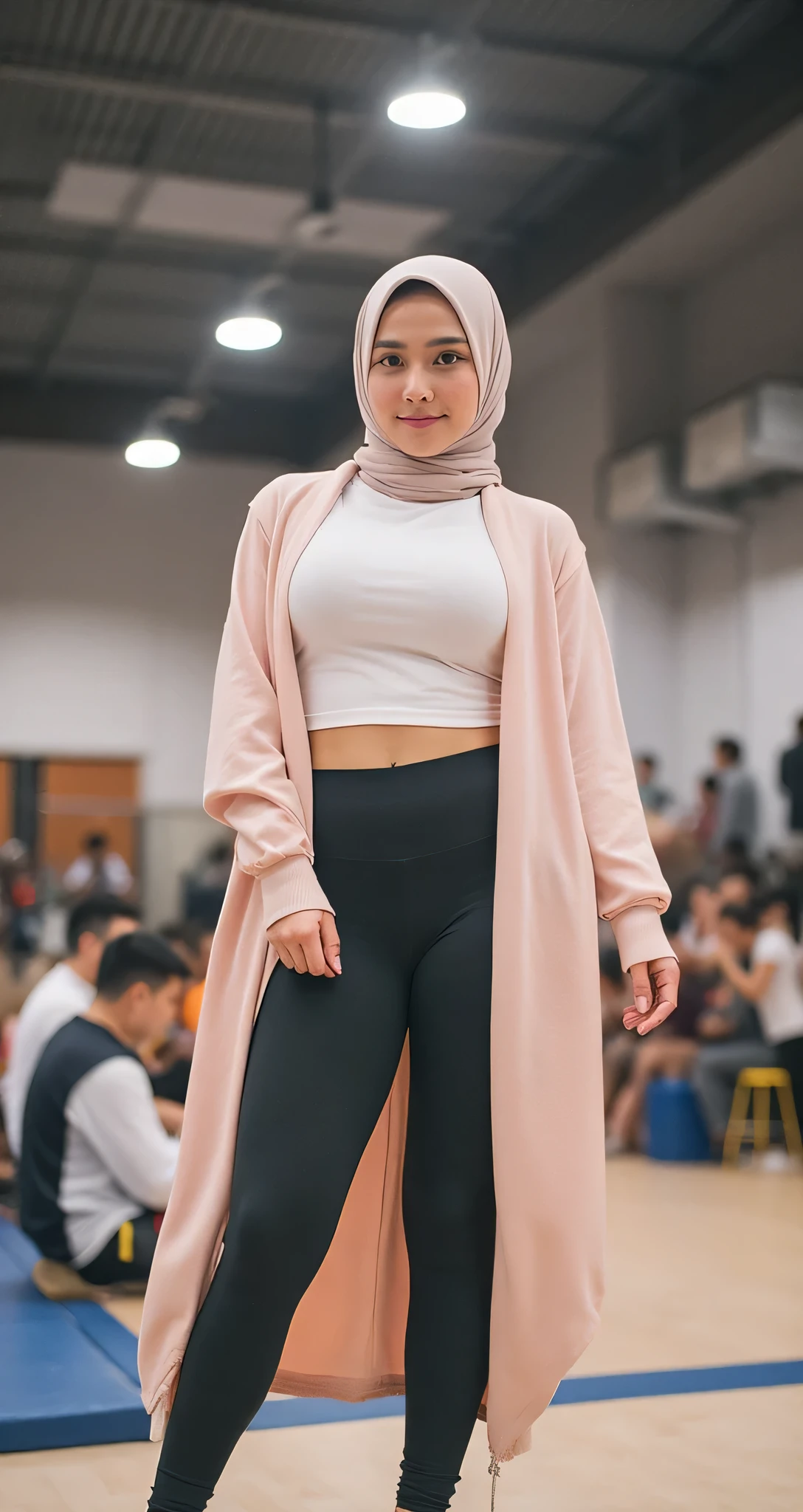 4k, masterpiece, best high quality, ultra-detailed, (ultra realistic:1.3), (clean photo:1.2), (ultra high resuliton:1.3), (soft lighting:1.2), (perfect image coloring), (bright lighting:1.2), indonesian face, beautiful face, perfect indonesian old woman, aged 34, (pear body), chest forward, smooth skin, thin smile, background Gymnastics place, lots of people, (A girl wearing tight t-shirt, tight gym legging, long hijab), full body view photos, high nose, Thicke lips, (F-Cup huge breasts), randomly pose, (wearing a pashmina hijab) randomly seductive pose, wearing pashmina hijab