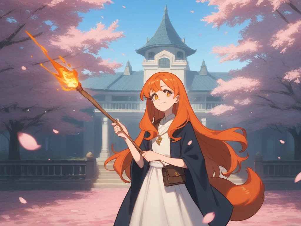  A female kitsune, wearing a white dress, wearing  a long pink elegant witch's tunic above all. a kind smile. with orange hair and golden glitter eyes. holding a thin wooden stick in her hand, from which blue sparks come out. Standing in front of an old Japanese castle with a school aesthetic with several cherry blossom trees around it, which give a beautiful and peaceful atmosphere. Soft anime style. Harry Potter style 