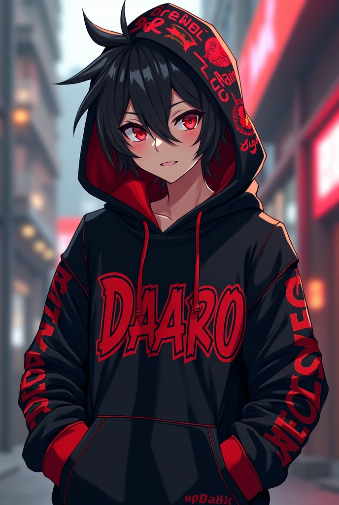 Create a anime character wearing black and red hoodie with channel name it