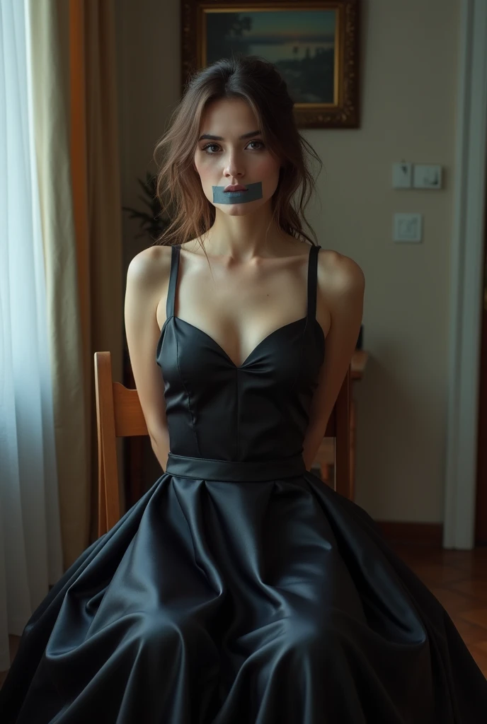A princess on her knees, tied her hands behind her back with a black satin ribbon, and gagged with another black satin ribbon. Dressed in a red satin dress.