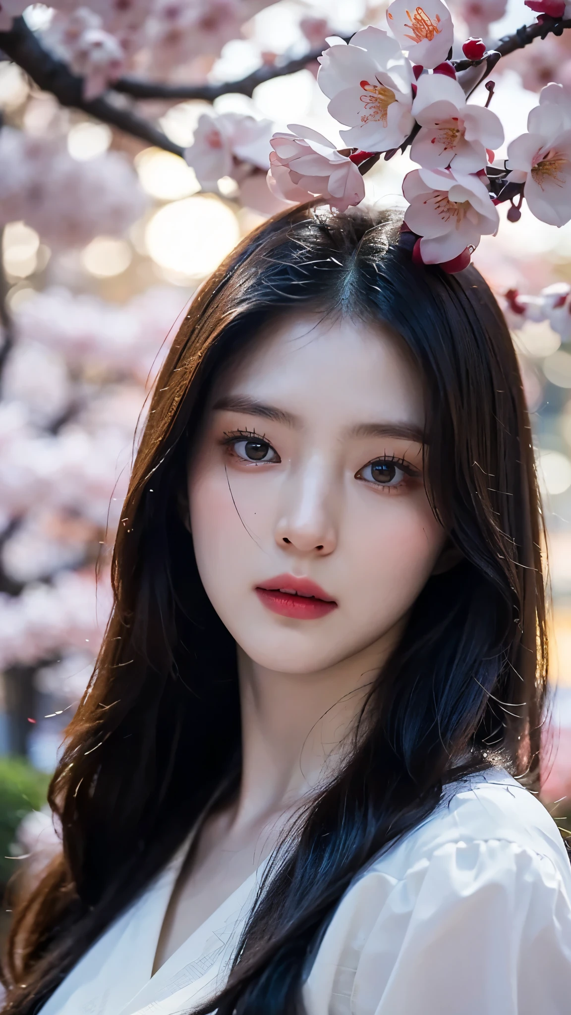 ( logo , masterpiece, 8k, Tabletop, RAW photos, huge , Top Quality, realistic and High quality 디테일 CG integrated 8k wallpaper, High quality, High quality 디테일, particle effect , Dynamic Effects , border depth , Movie lighting, Lens Flare, ray tracing , with pale golden eyes )), (( 1 Beautiful Woman , silvery long hair , beautiful face, Real face, beautiful, clear eyes, beautiful skin )), ((night, , Blue full moon , night sky, cherry blossoms, cherry blossomss, Falling Petals , Flying petals)), beautiful eyes