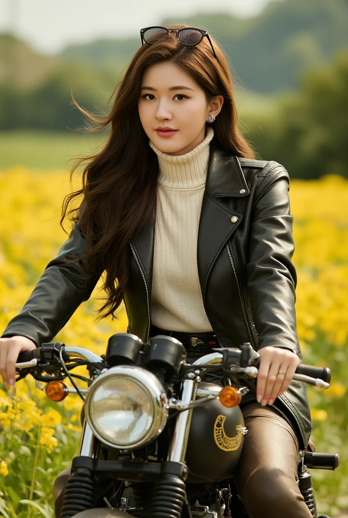 A young woman with a soft, confident expression rides a 1975 Honda CB750Four motorcycle through a vibrant yellow flower field, wearing a stylish black leather jacket over a light knitted sweater, dark hair flowing, sunglasses perched on her head, surrounded by warm sunlight, capturing a relaxed, casual street style with a Leica SL2-S and 90mm portrait lens, emphasizing exquisite textures and elegant posture.