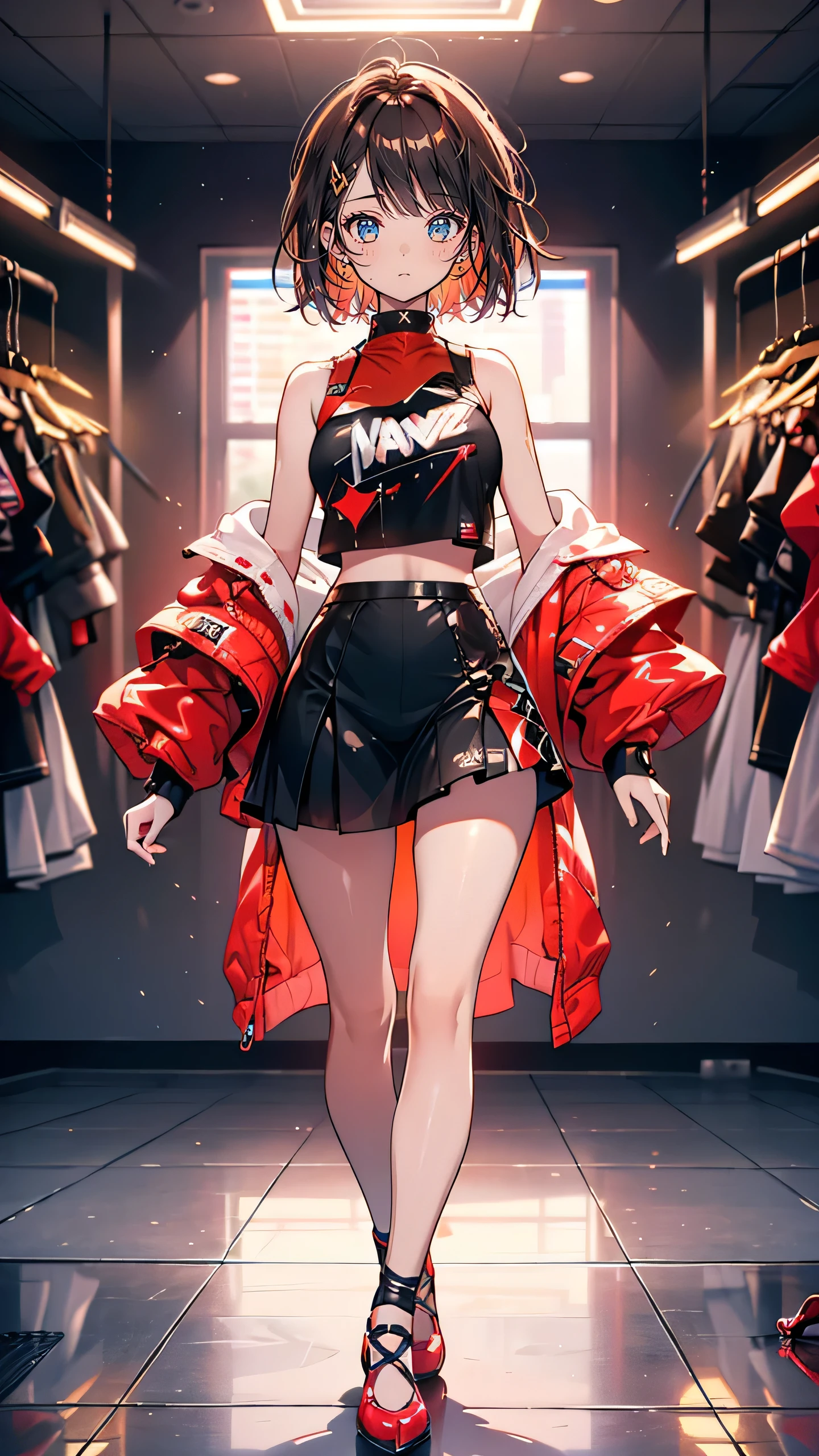 1girl, solo,underwaterbrown hair, brown eyes, parted lips, long sleeves, jacket, simple background, upper body, red background, looking at viewer, teeth, red jacket, lips, cosplay,  full body, smile，motorbike