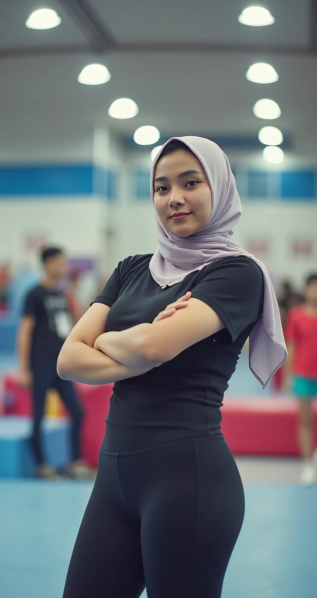 4k, masterpiece, best high quality, ultra-detailed, (ultra realistic:1.3), (clean photo:1.2), (ultra high resuliton:1.3), (soft lighting:1.2), (perfect image coloring), (bright lighting:1.2), indonesian face, beautiful face, perfect indonesian old woman, aged 34, (pear body), chest forward, smooth skin, thin smile, background Gymnastics place, lots of people, (A girl wearing tight t-shirt, tight gym legging, hijab), full body view photos, high nose, Thicke lips, (F-Cup huge breasts), randomly pose, (wearing a pashmina hijab) randomly seductive pose, wearing pashmina hijab