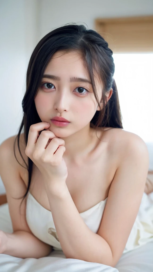 (8k、RAW Photos、Highest quality、masterpiece:1.2)、((whole body、naked、pubic hair:1.5))、(Realistic、Realistic)、1 girl、((naked、Nipples、Large Breasts、get up、After sexual、morning、morning日が差し込む、 Hotel Bedroom、Lie down in bed、Bathrobes、smile))、cute