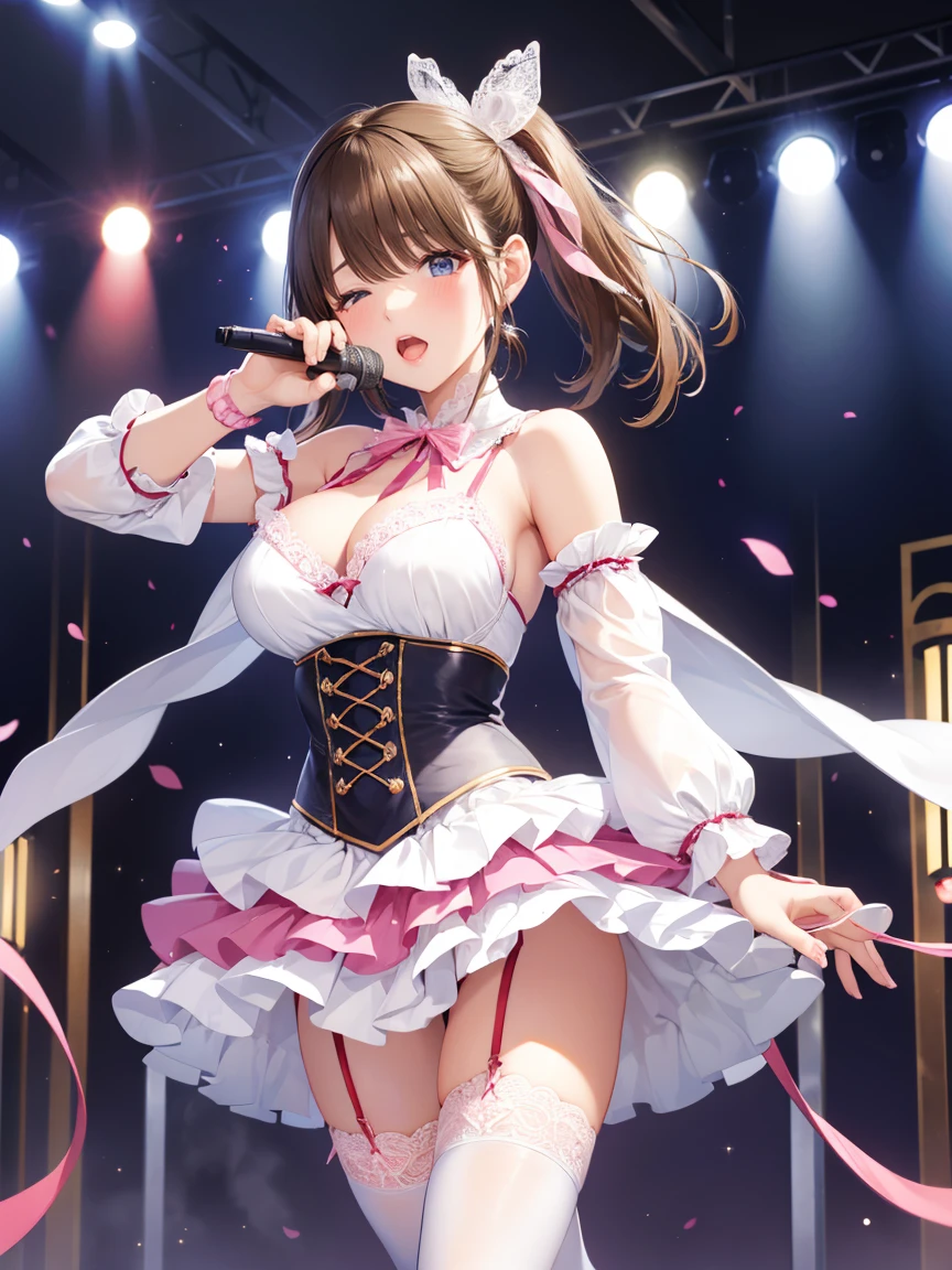 Girl、The exact number of fingers、Exact number of legs、Exact number of arms、Bangs, Ribbon Ponytail, Brown hair, (blush:1), (put one hand in:1.8), fingering, (cat juice:1.2), Mouth, (A woman holding a microphone ready to sing:1.5)、White and Navy Idol Outfit、The outfit includes a navy blue icon style corset., There is a ribbon on the collar of that costume.、Clothing covers shoulders, both sides, upper arm, and weapons., This costume is only open at the chest.、High socks、White idol style skirt, (Delicate and luxurious decorative lingerie:1.3), Ribbon at neckline, (White and pink with lots of lace:1.3), White lace:1.2), Sexy Lingerie, High Leg Raise、 Beautiful big breasts, (stand erect:1), The skirt is rolled up、best quality, high resolution, (Delicate and beautiful eyes:1.6), The face is rich in detail, Perfect lighting, Very detailed CG, (Perfect hands, Perfect anatomical structure),Embarrassed expression、The expression of not wanting to go to the toilet, (Sexual pleasure expression:1.4), (Expression of pain:1.2)、Close your eyes、sexy look、look up、The mouth is half open、、(live stage、Many viewers:1.3)、whole body