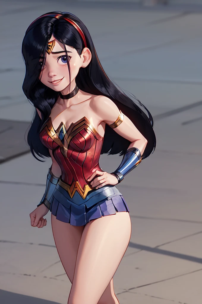(((RAW, Best quality, high resolution:1.3, Masterpiece: 1.5))), Beautiful glasses malay woman as wonderwoman, Masterpiece, Perfect slim body, Beautiful big eyes, Soft smile, Short pixie cut hair style, Wearing wonderwoman costume. Strong pose, nobody can defeat him.