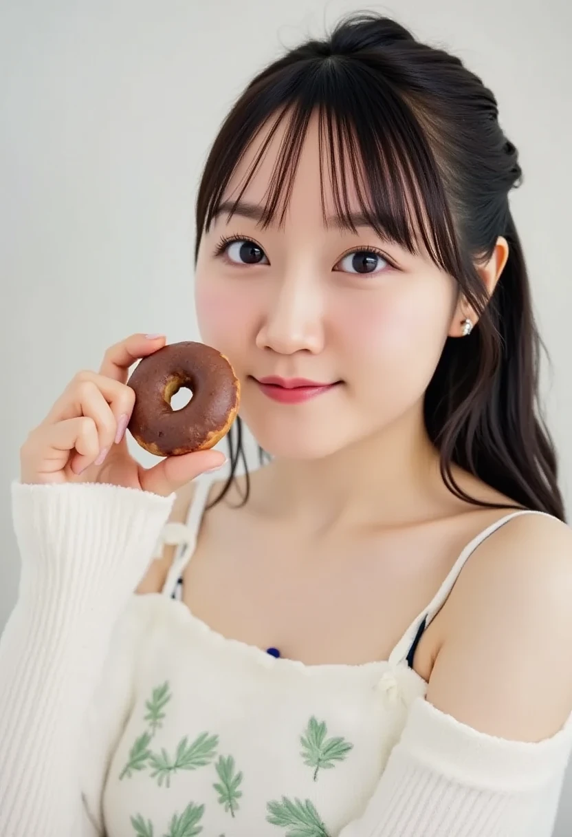 (photograph:1.2)、(photorealistic:1.3)、(masterpiece:1.3)、(Highest image quality:1.4)、ultra high resolution、(detailed eyes)、(detailed facial features)、(Detailed garment features)、8K resolution、solo focus、26 year old mature woman、small face、no makeup、Detailed leal beautiful eyes、bangs、gold hair、long cut hair, braided hair、(realistic skin)、beautiful skin、charming、ultra high resolution、Super realistic、High definition、Camisa branca aberta,middlebre、small breasts、bust B cup、small breasts、cool beauty、Gray background、cinematic lighting、perfect、soft light、High resolution skin:1.2、realistic skin texture、26 years old mature woman、small face、no makeup、Bust B Cup、(Eating Donuts:1.5) 、Detailed beautiful brown eyes、short hair、dark brown hair、Cool beauty、