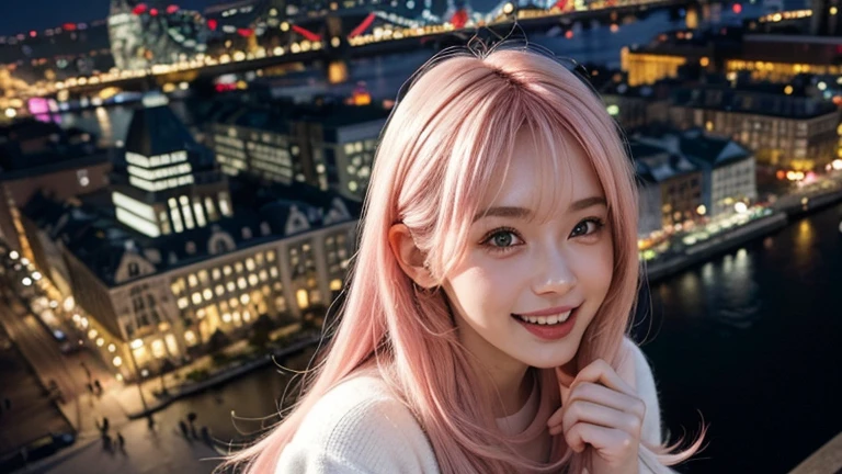 Highest quality, masterpiece, Ultra-high resolution, (Realistic:1.4), (Close-up portrait) RAW Photos, 1 girl, 22 years old,Slender body,Large Breasts,((Long pink hair with straight bangs)),((Looking up at the audience)), Realistic pictures, ((Small breasts)),((Smiling with teeth showing)),Cleavage,wearing a black gown, Eiffel Tower in the background, Night view、whole body