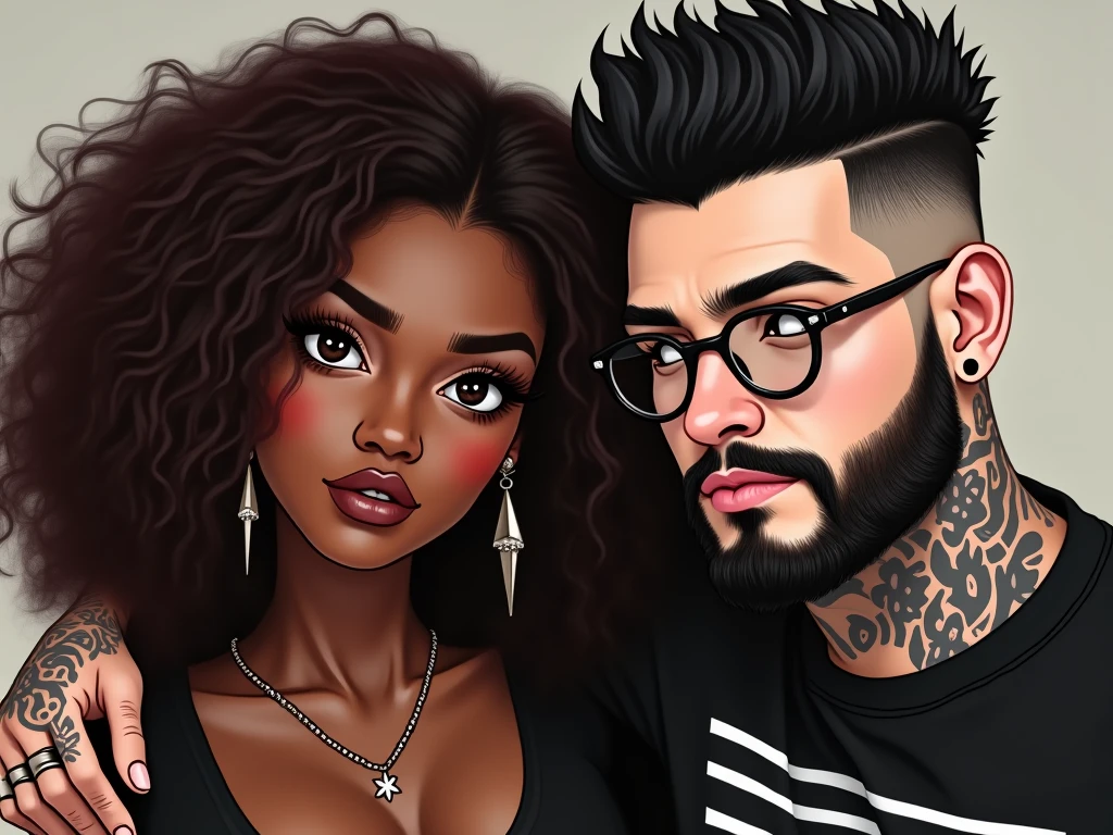 Disney Pixar characters with naked black girl wearing a hat and black curls under black eyes, in black glasses, boy wearing strong black glasses and dressed in a gangster costume.